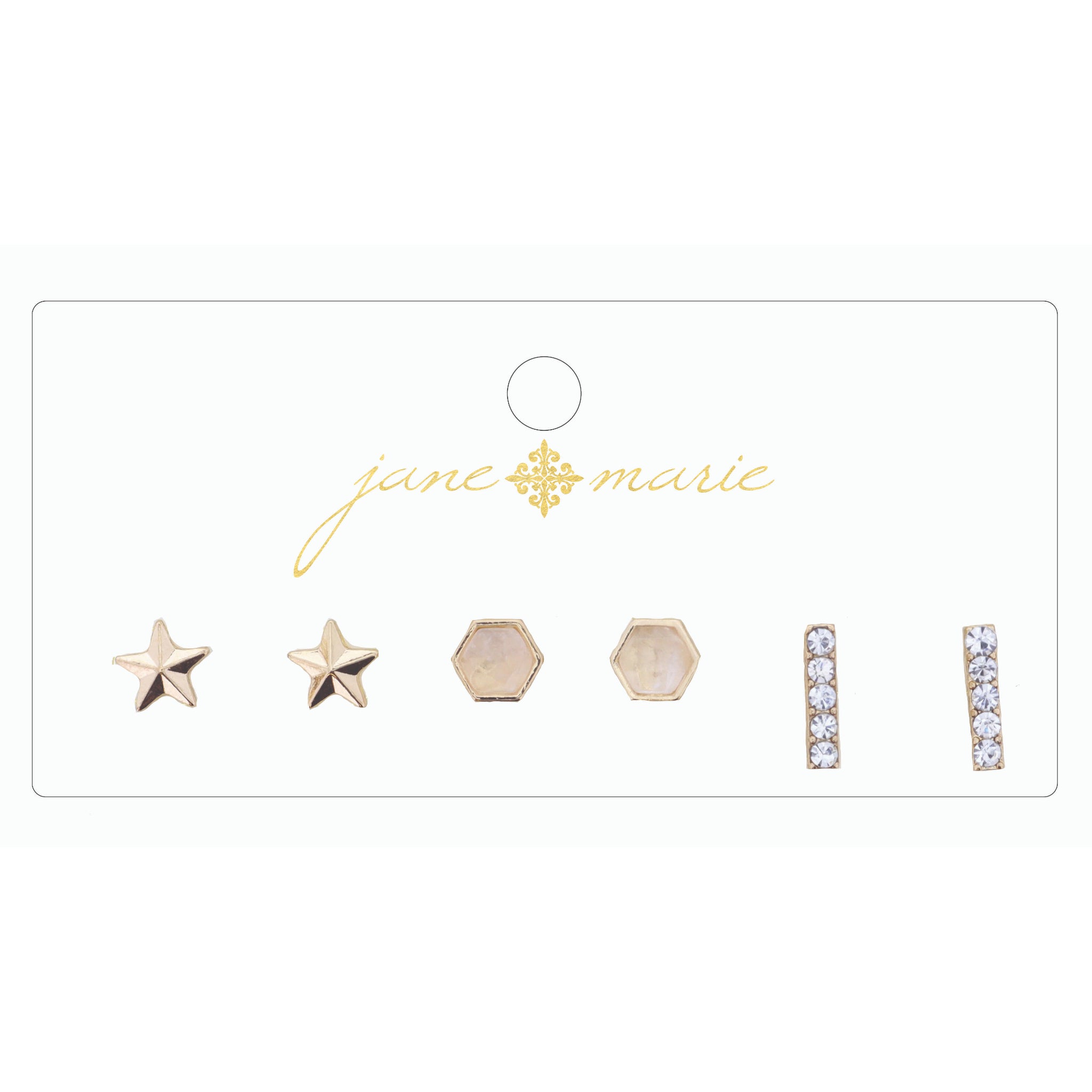 3 Stud, Clear Hexagon, Rhinestone Bar, and Star Earring