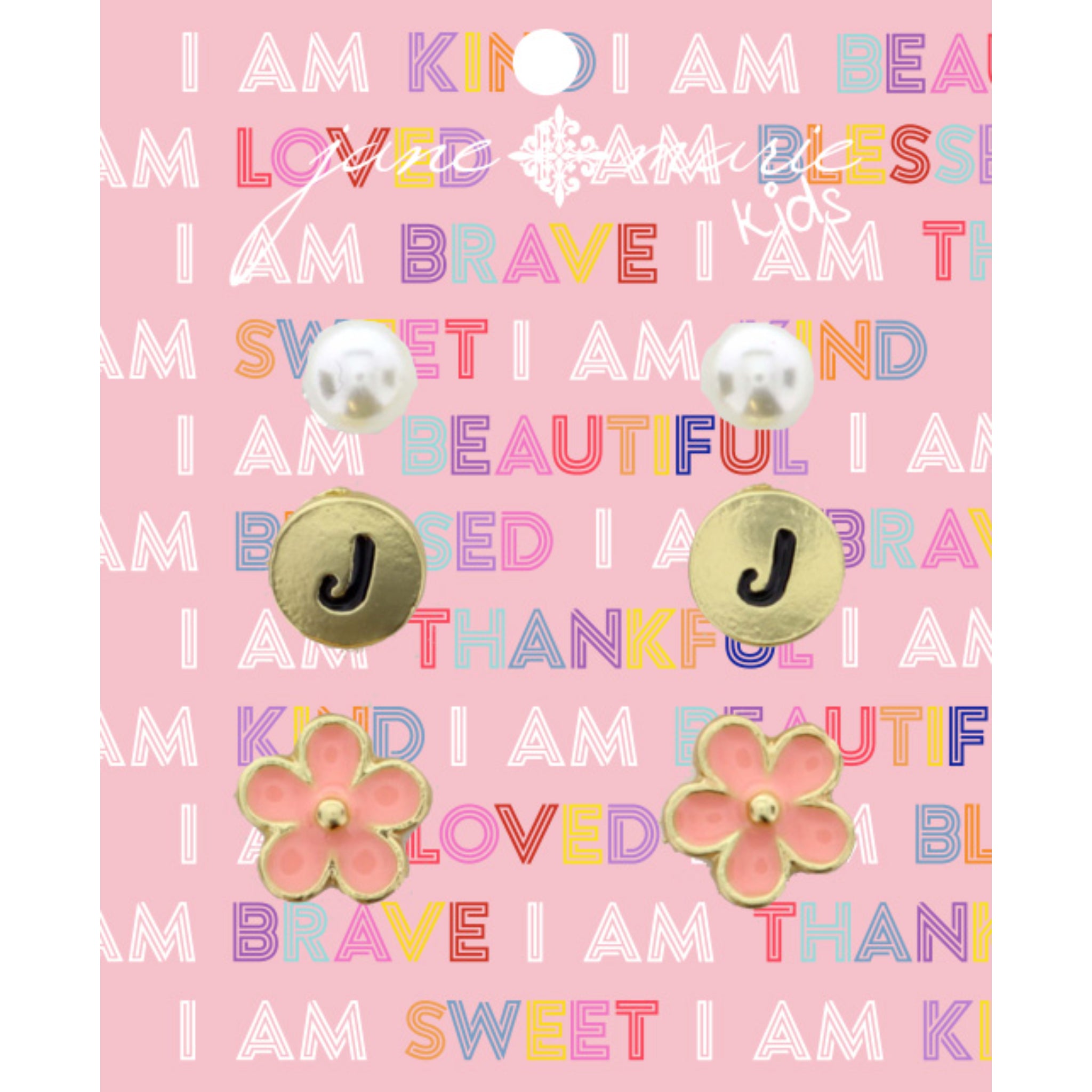 Kids 3 Stud "J" Initial Disc, Pearl, & Pink Flower Earring
