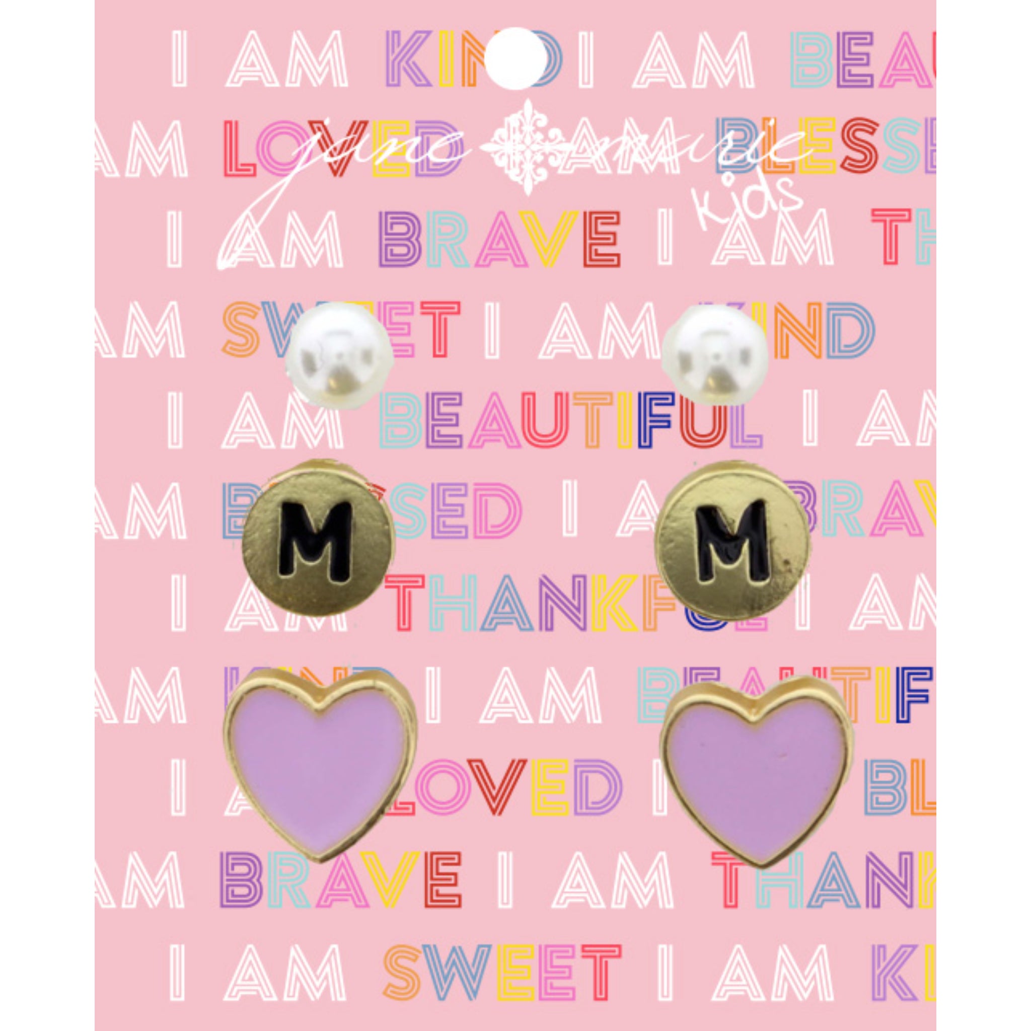 Kids 3 Stud "M" Initial Disc, Pearl, & Purple Heart Earring