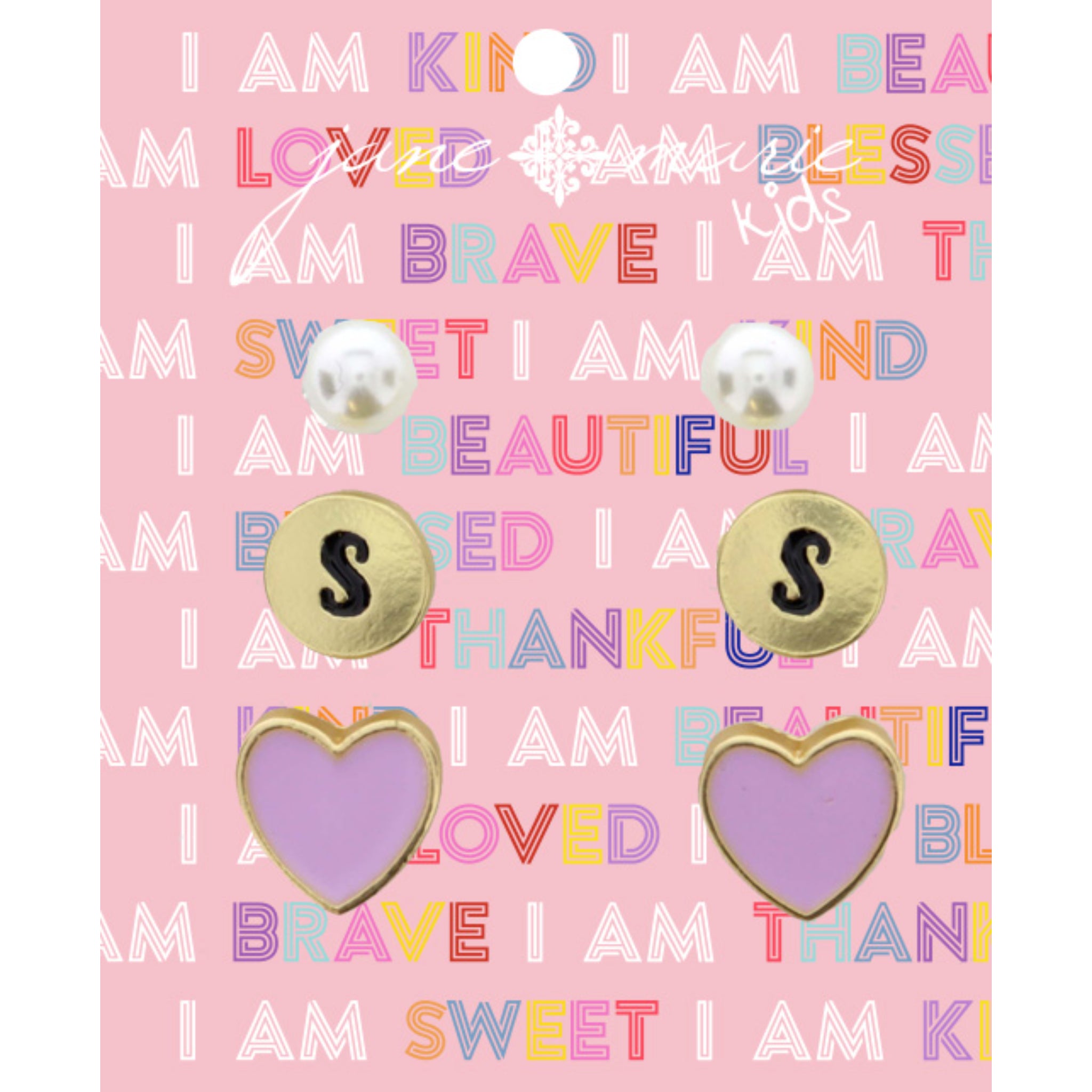 Kids 3 Stud "S" Initial Disc, Pearl, & Purple Heart Earring