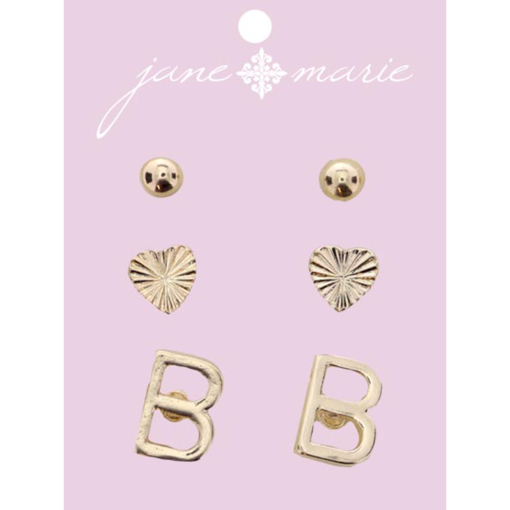 3 Stud, Gold "B" Initial, Gold Heart, and Gold Bead Earring