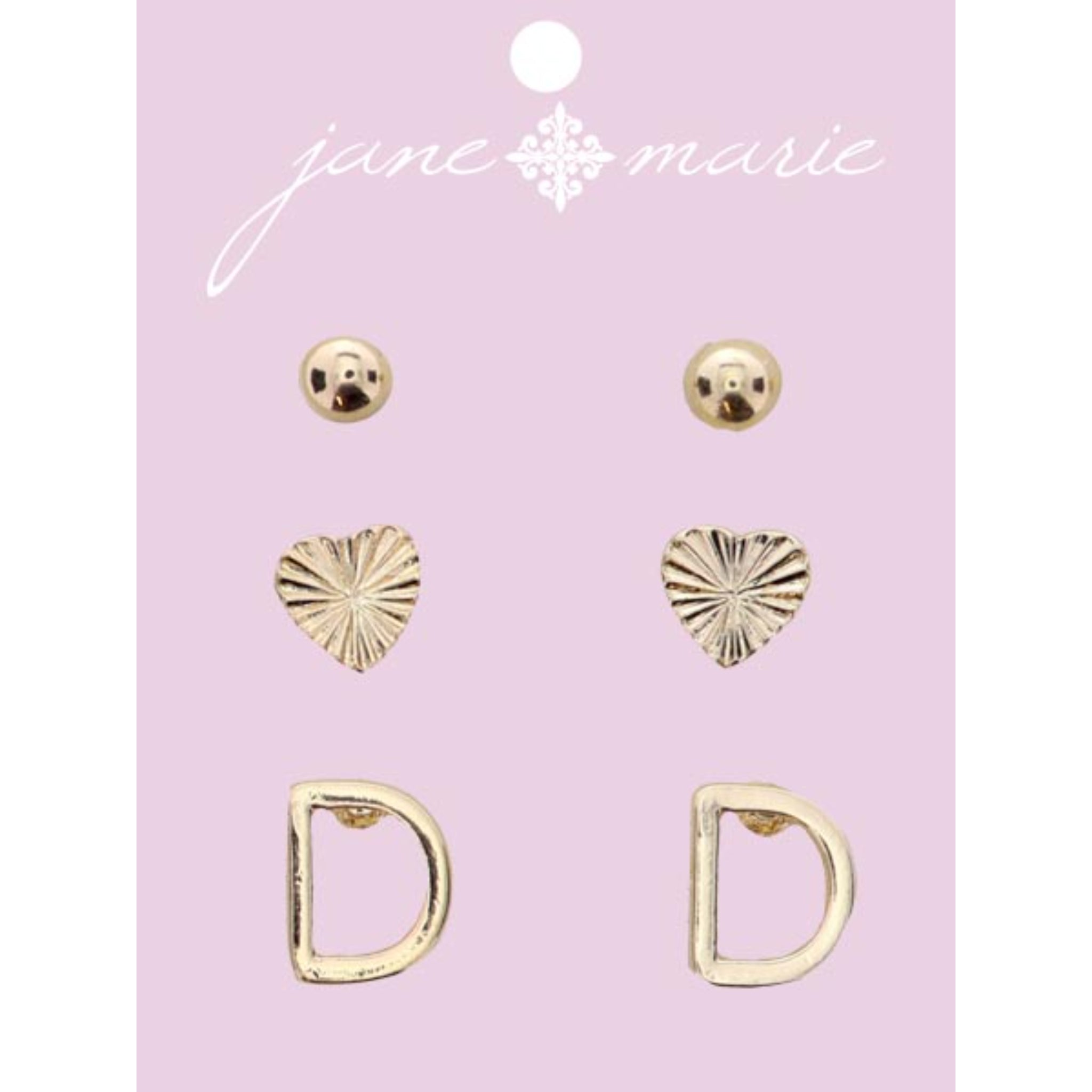 3 Stud, Gold "D" Initial, Gold Heart, and Gold Bead Earring