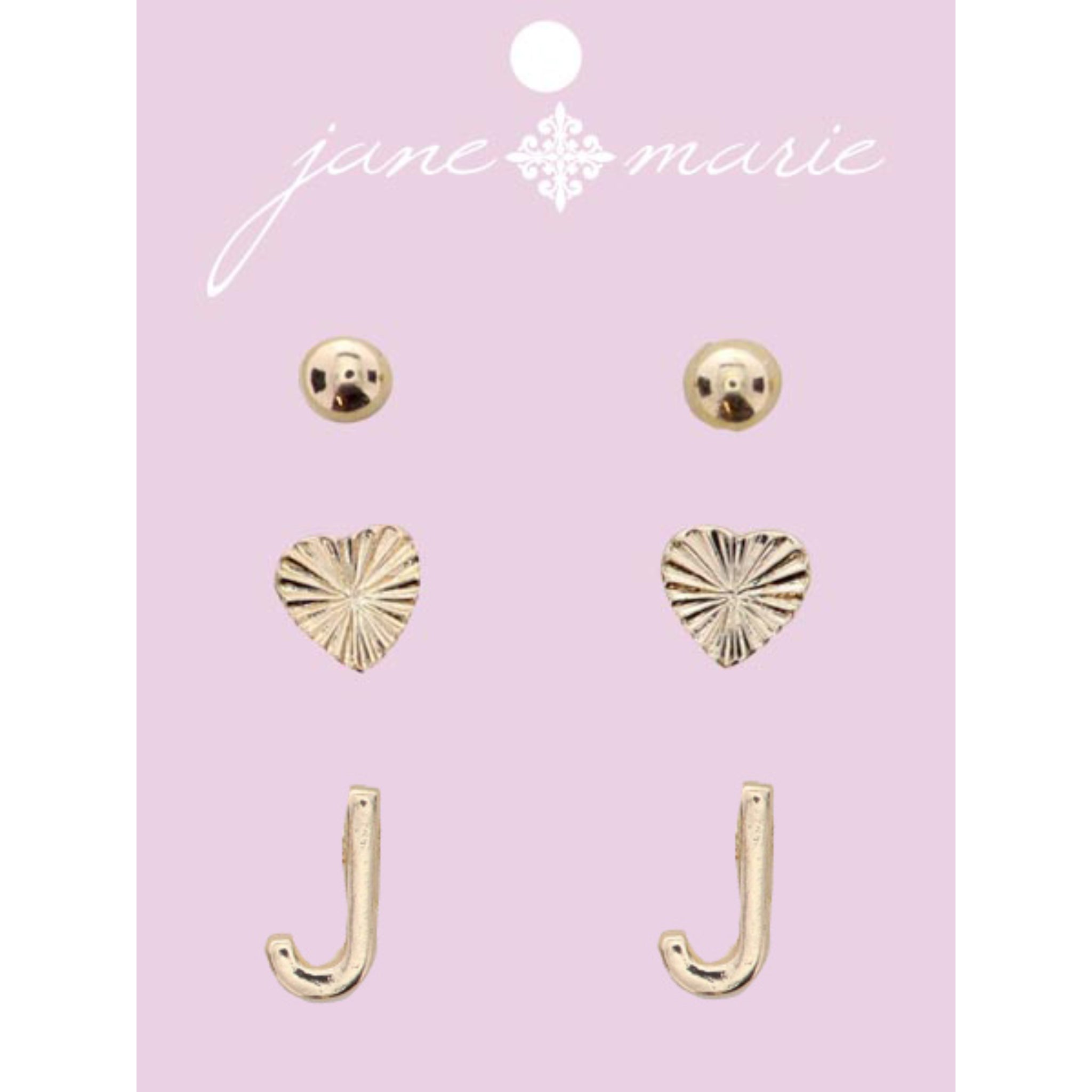3 Stud, Gold "J" Initial, Gold Heart, and Gold Bead Earring