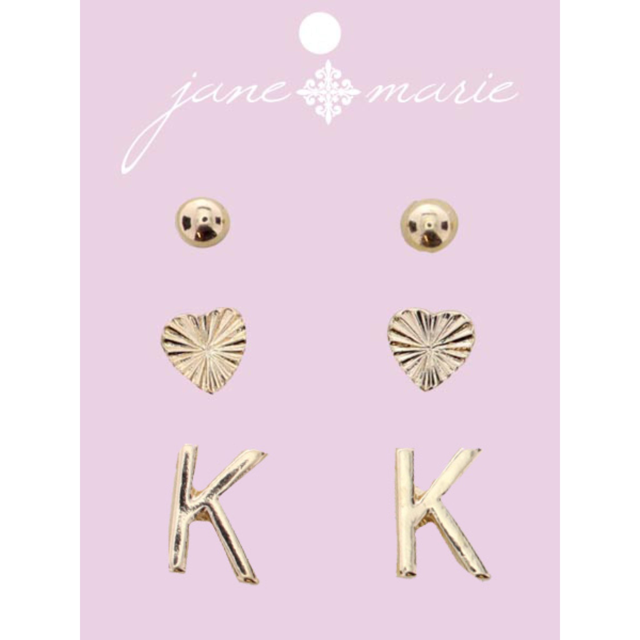 3 Stud, Gold "K" Initial, Gold Heart, and Gold Bead Earring