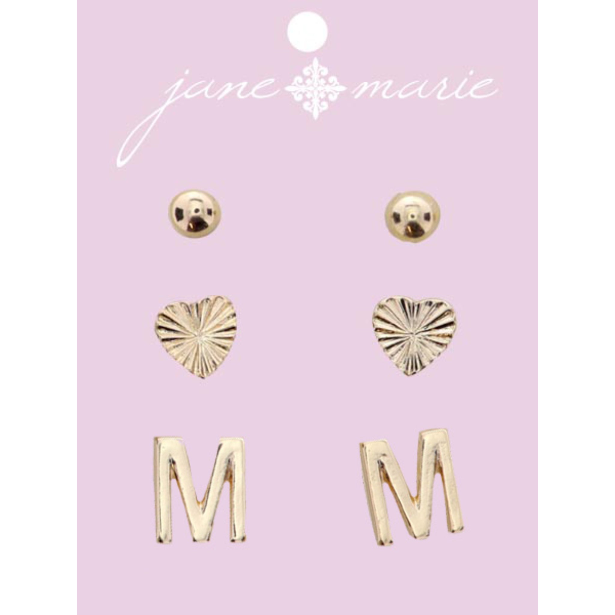 3 Stud, Gold "M" Initial, Gold Heart, and Gold Bead Earring