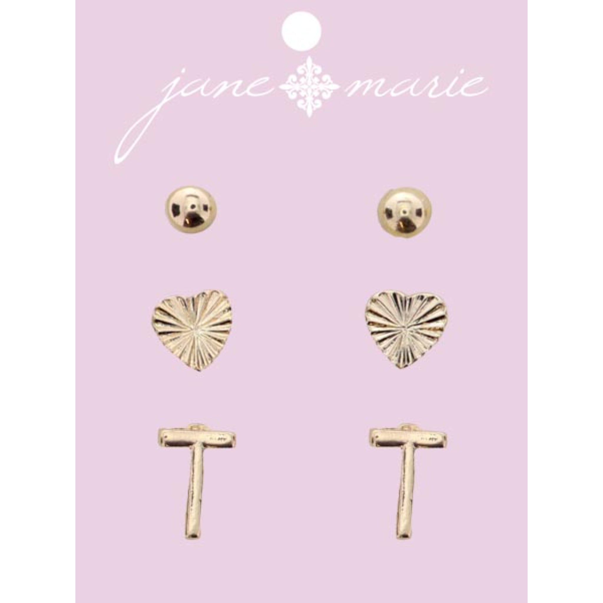 3 Stud, Gold "T" Initial, Gold Heart, and Gold Bead Earring