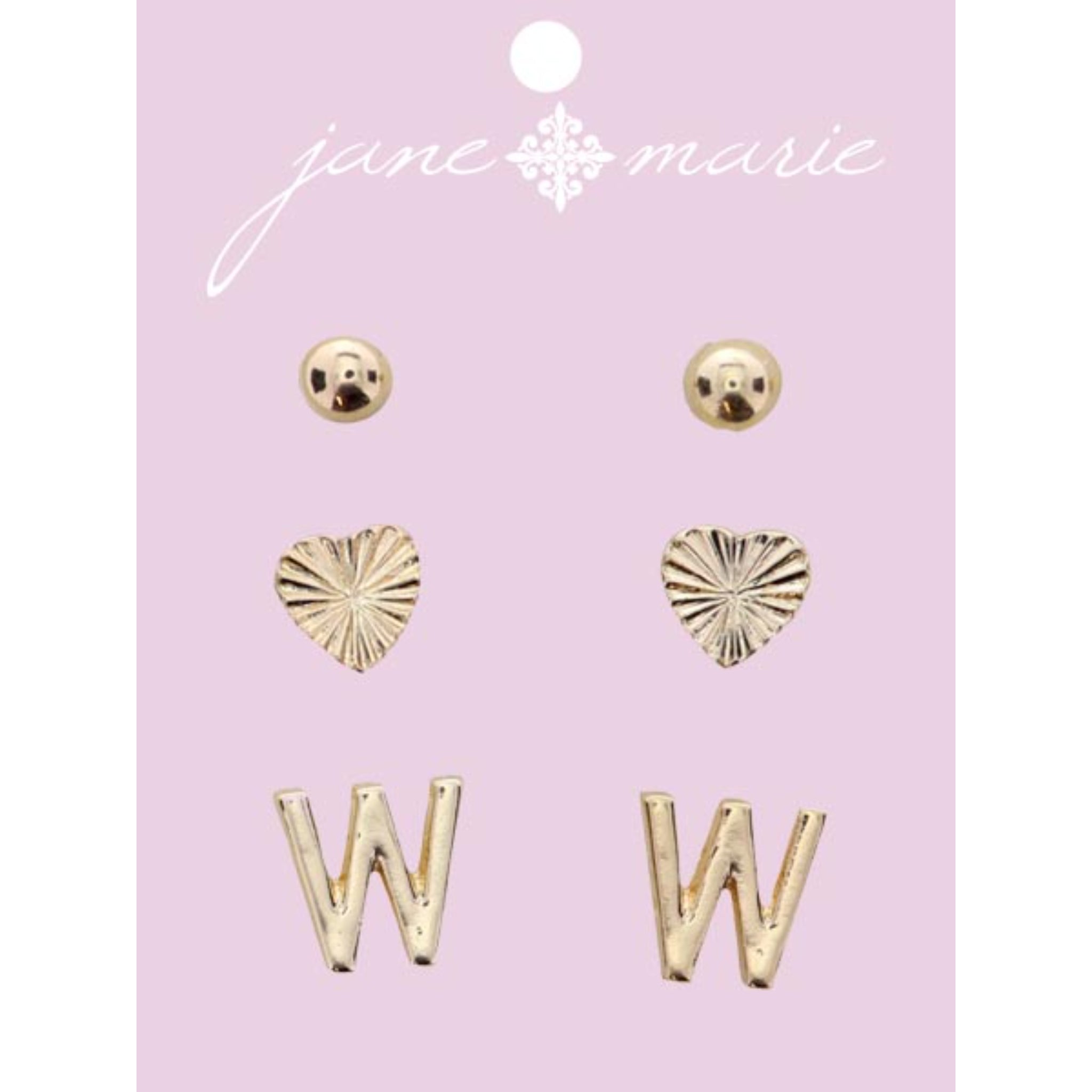 3 Stud, Gold "W" Initial, Gold Heart, and Gold Bead Earring