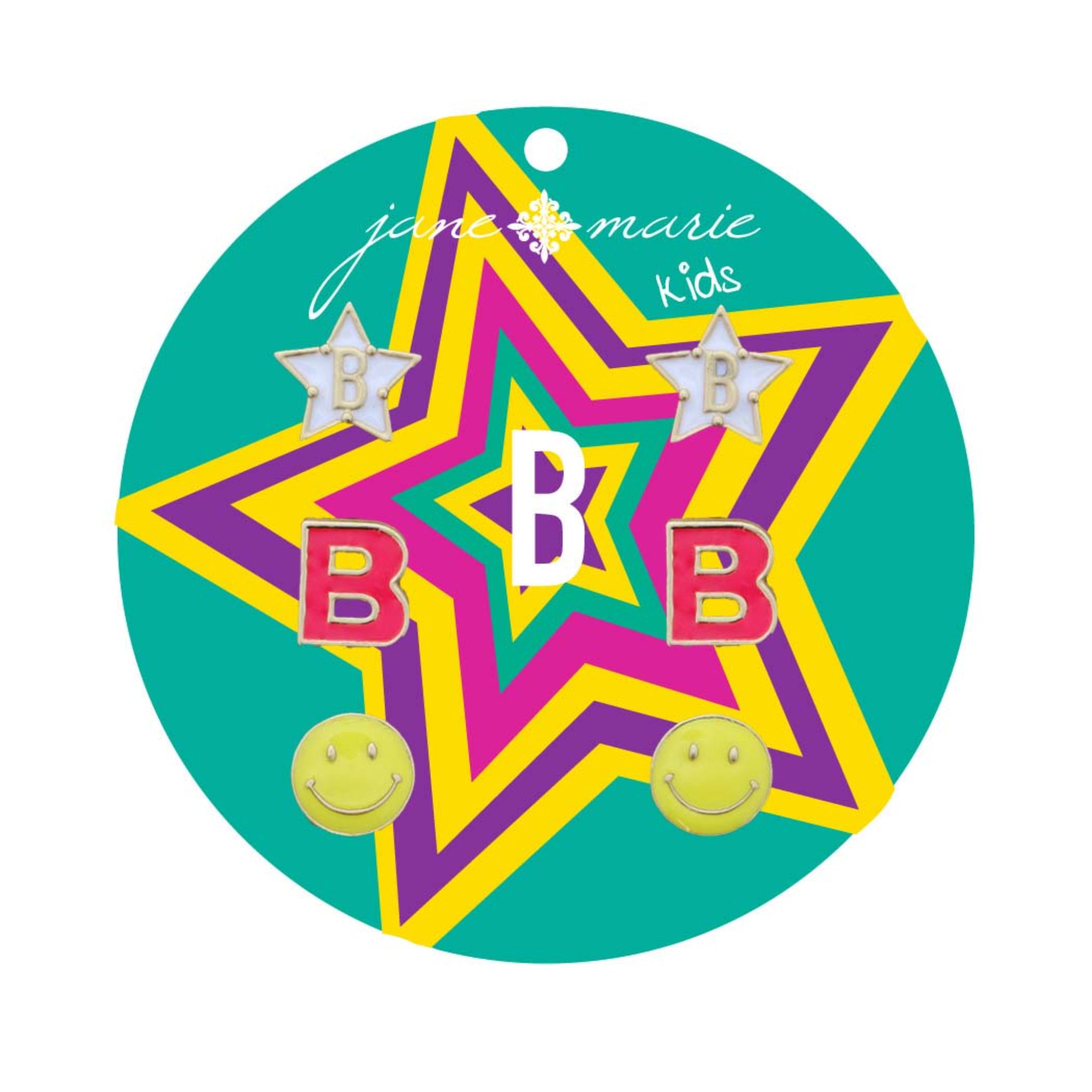 Kids Set of 3, White "B" Star, Hot Pink "B", Yellow Happy Face Earring