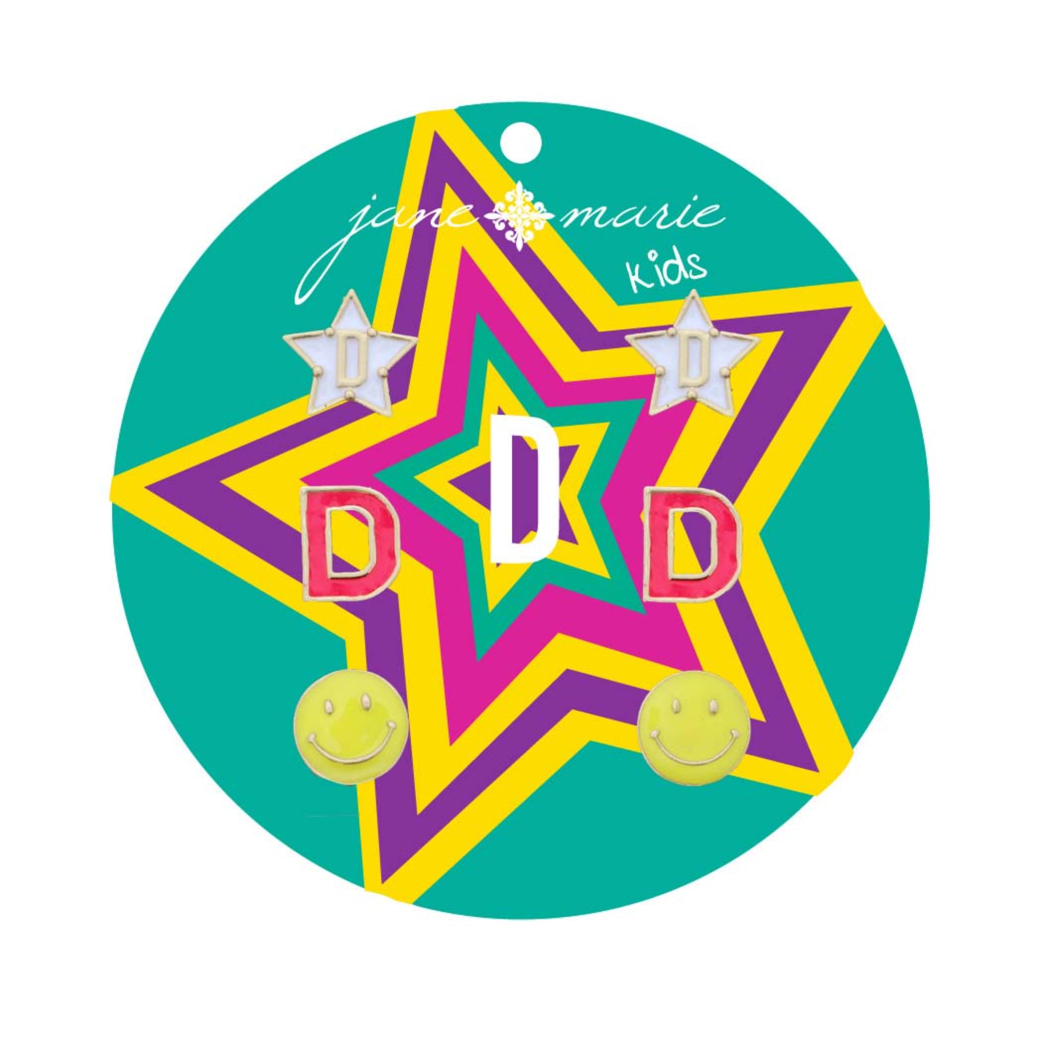 Kids Set of 3, White "D" Star, Hot Pink "D", Yellow Happy Face Earring