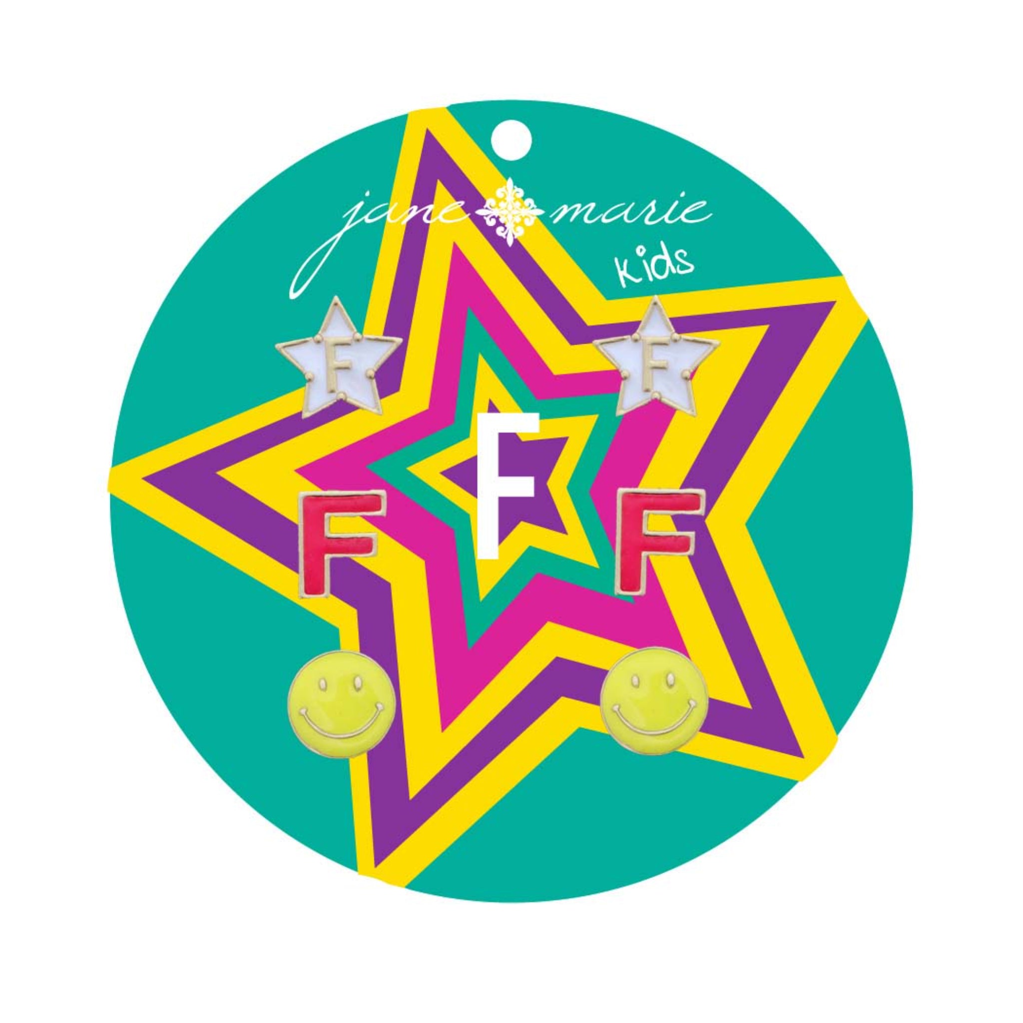Kids Set of 3, White "F" Star, Hot Pink "F", Yellow Happy Face Earring