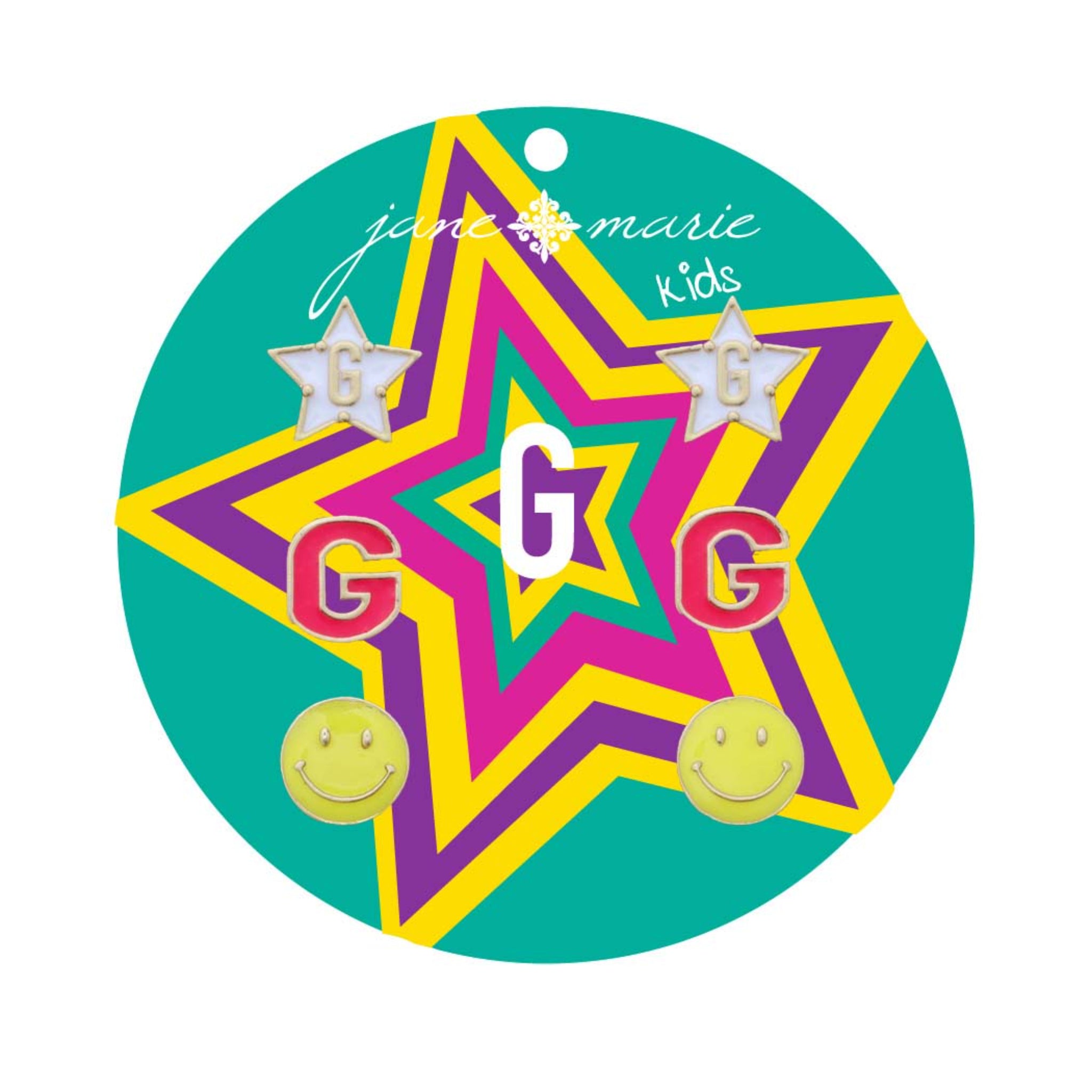 Kids Set of 3, White "G" Star, Hot Pink "G", Yellow Happy Face Earring