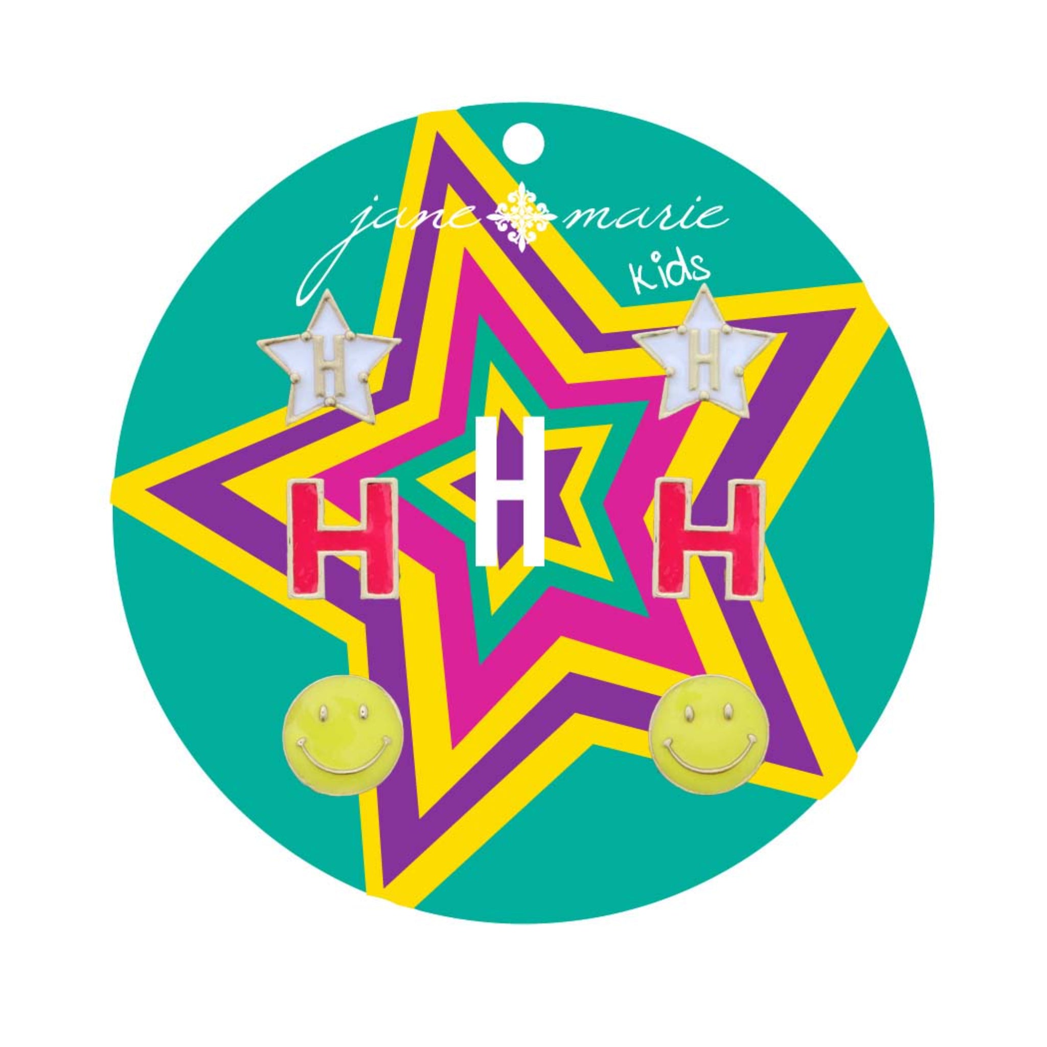 Kids Set of 3, White "H" Star, Hot Pink "H", Yellow Happy Face Earring
