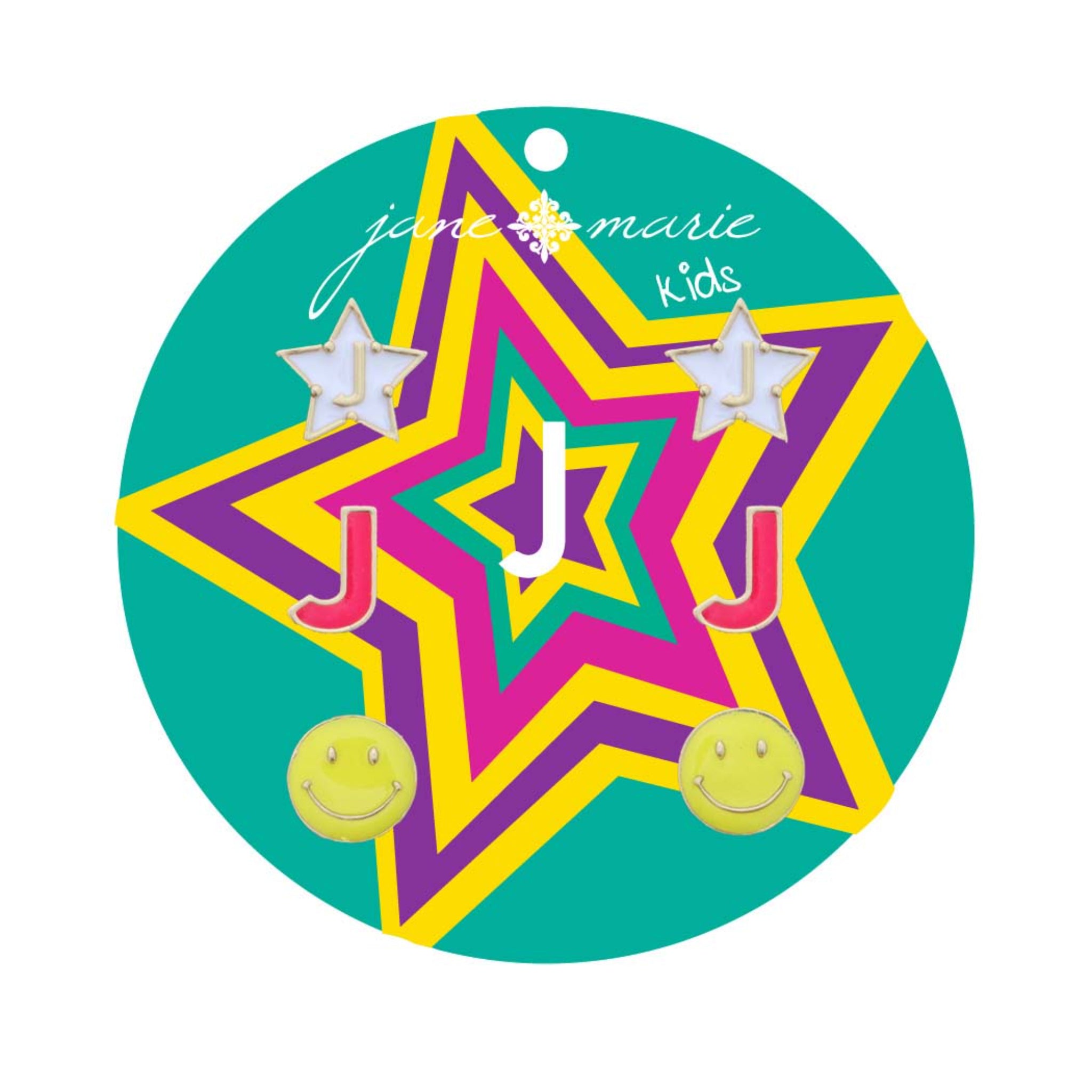 Kids Set of 3, White "J" Star, Hot Pink "J", Yellow Happy Face Earring