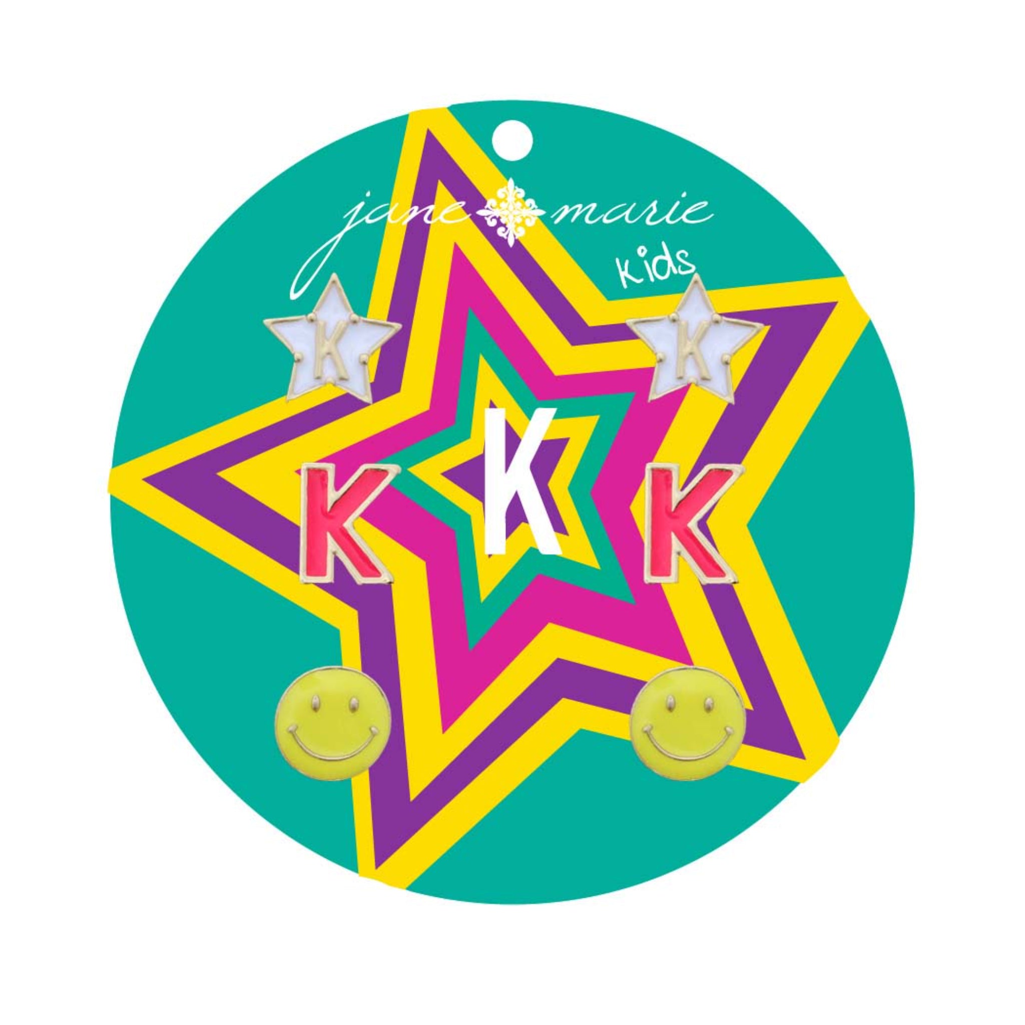 Kids Set of 3, White "K" Star, Hot Pink "K", Yellow Happy Face Earring