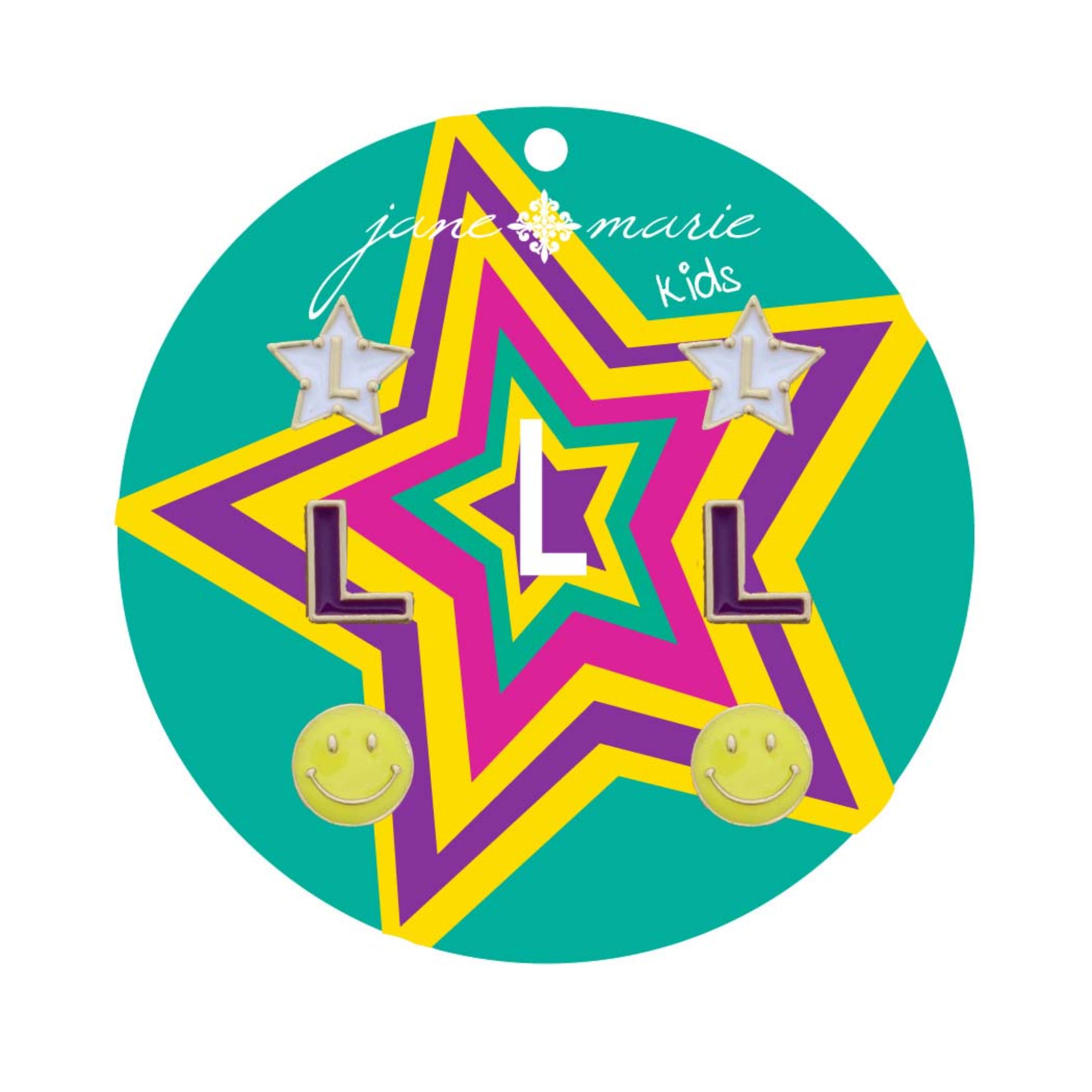 Kids Set of 3, White "L" Star, Purple "L", Yellow Happy Face Earring