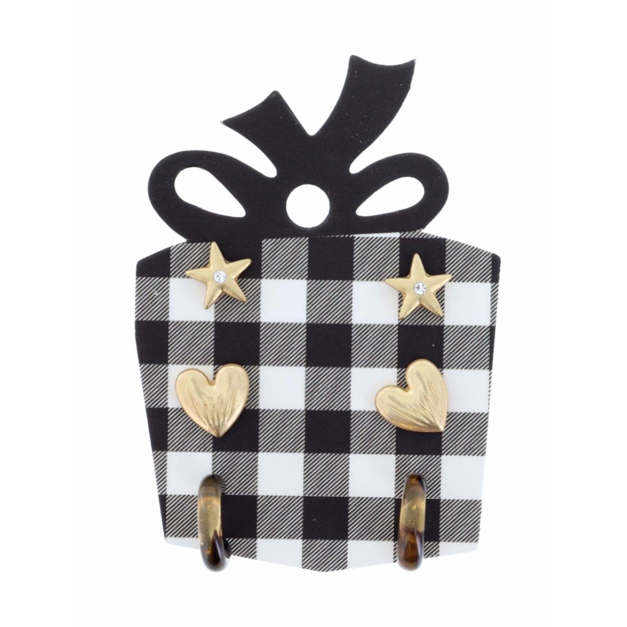 Gold Star with Center Crystal, Gold Heart, Tortoise Hoop Earring