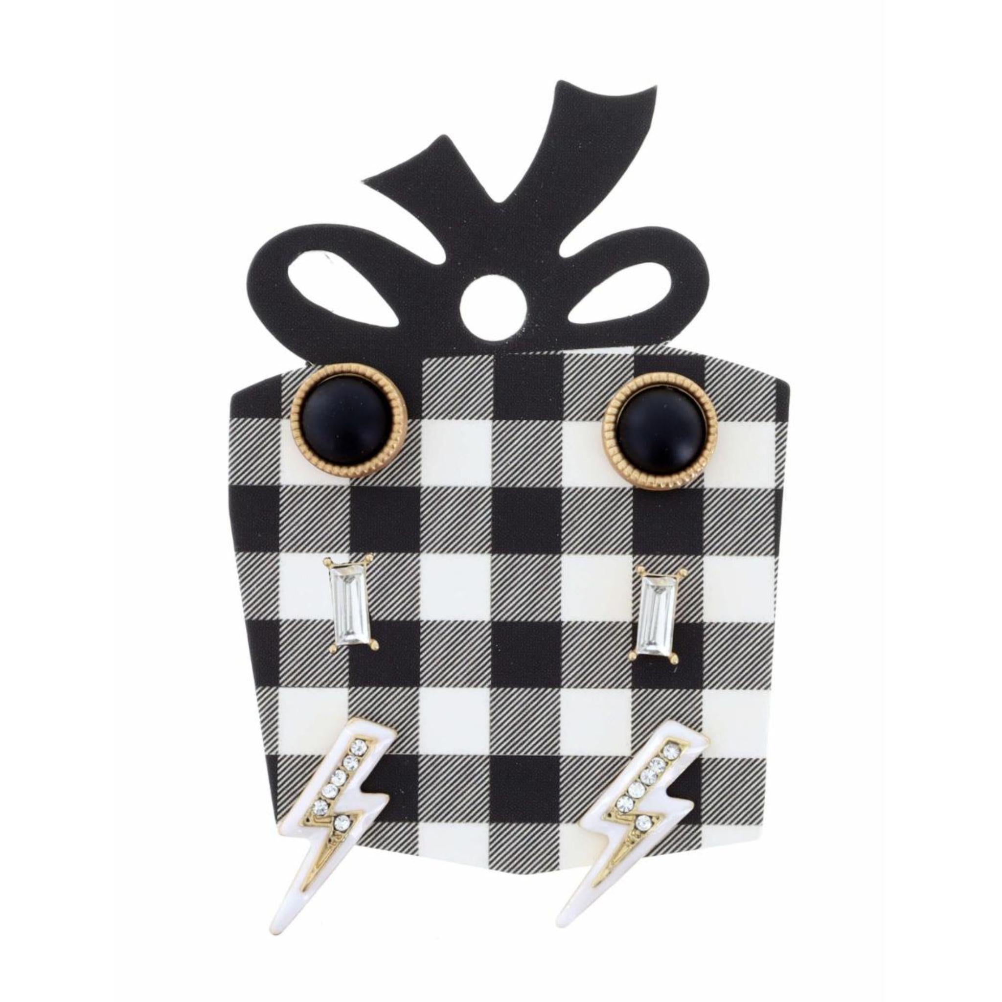 Jet Circle, Crystal Rectangle White Lightning Bolt with Crystals Earring