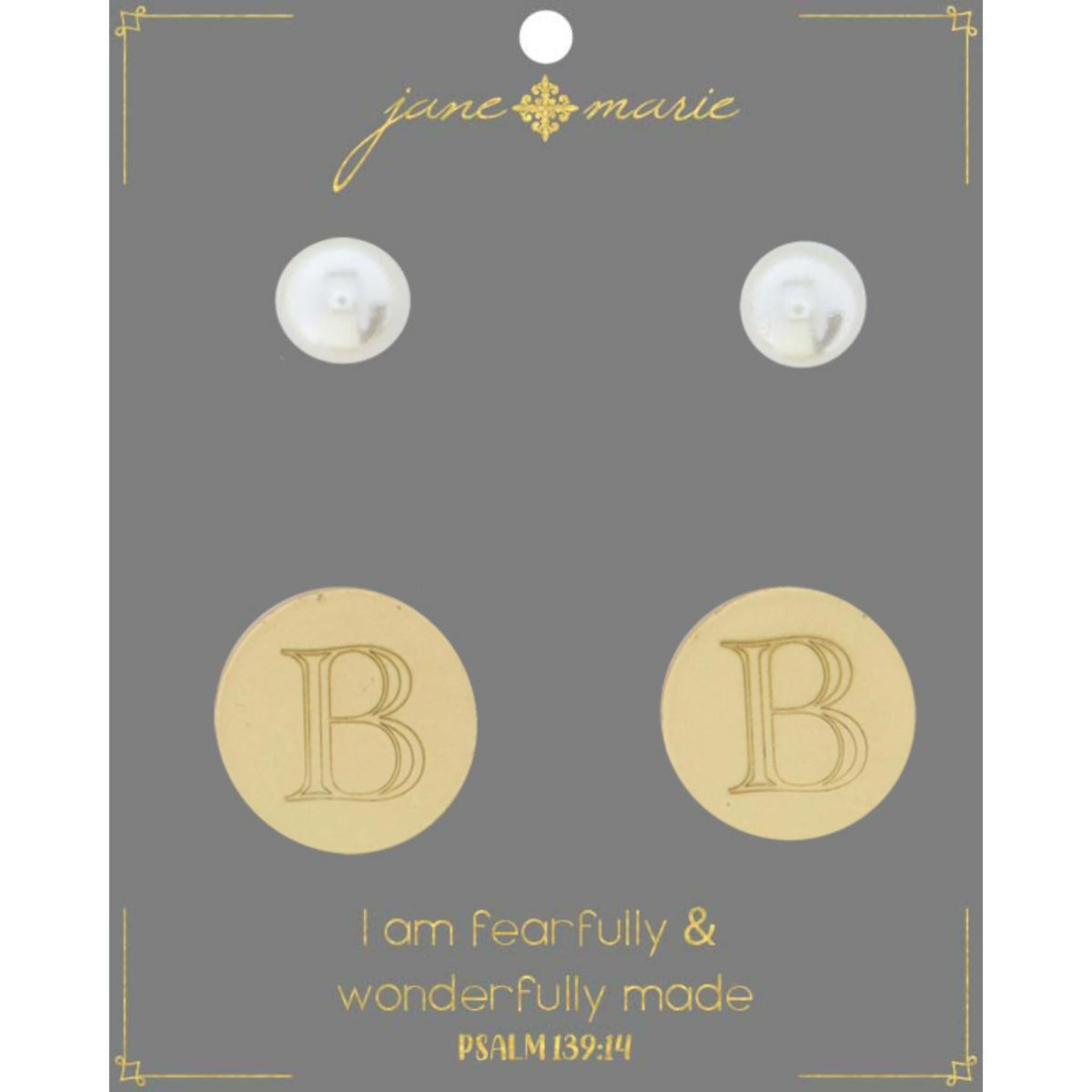 Set of 2, Pearl with Engraved "B" on Gold Disk Stud Earring