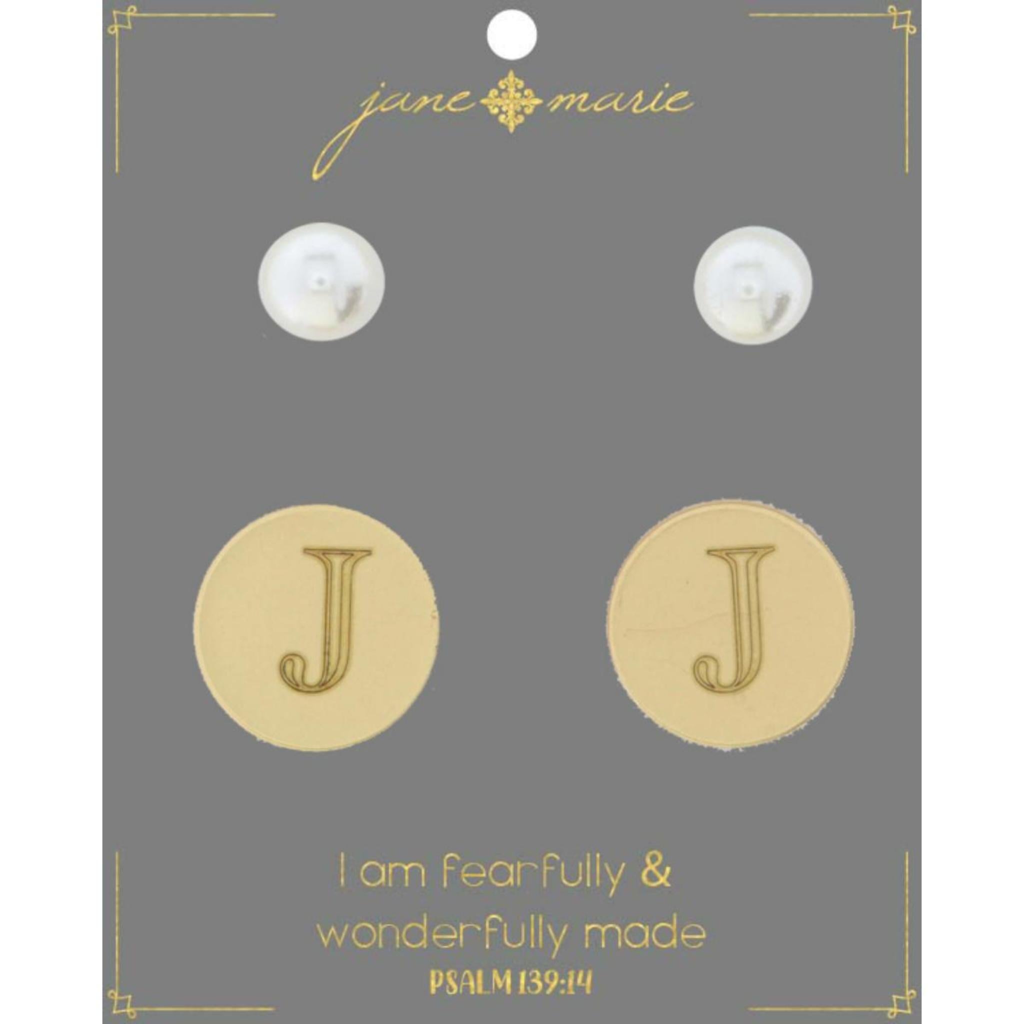 Set of 2, Pearl with Engraved "J" on Gold Disk Stud Earring