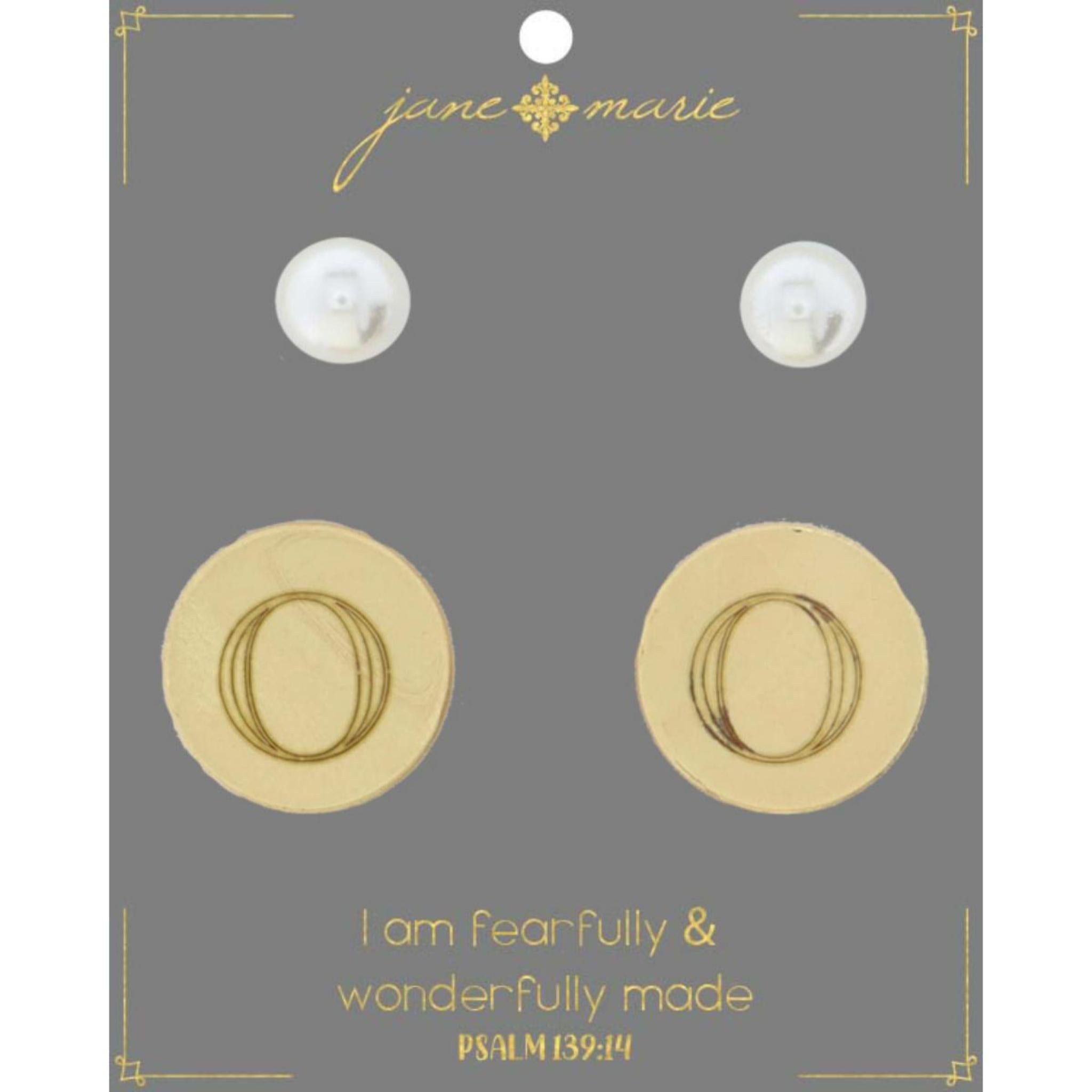Set of 2, Pearl with Engraved "O" on Gold Disk Stud Earring