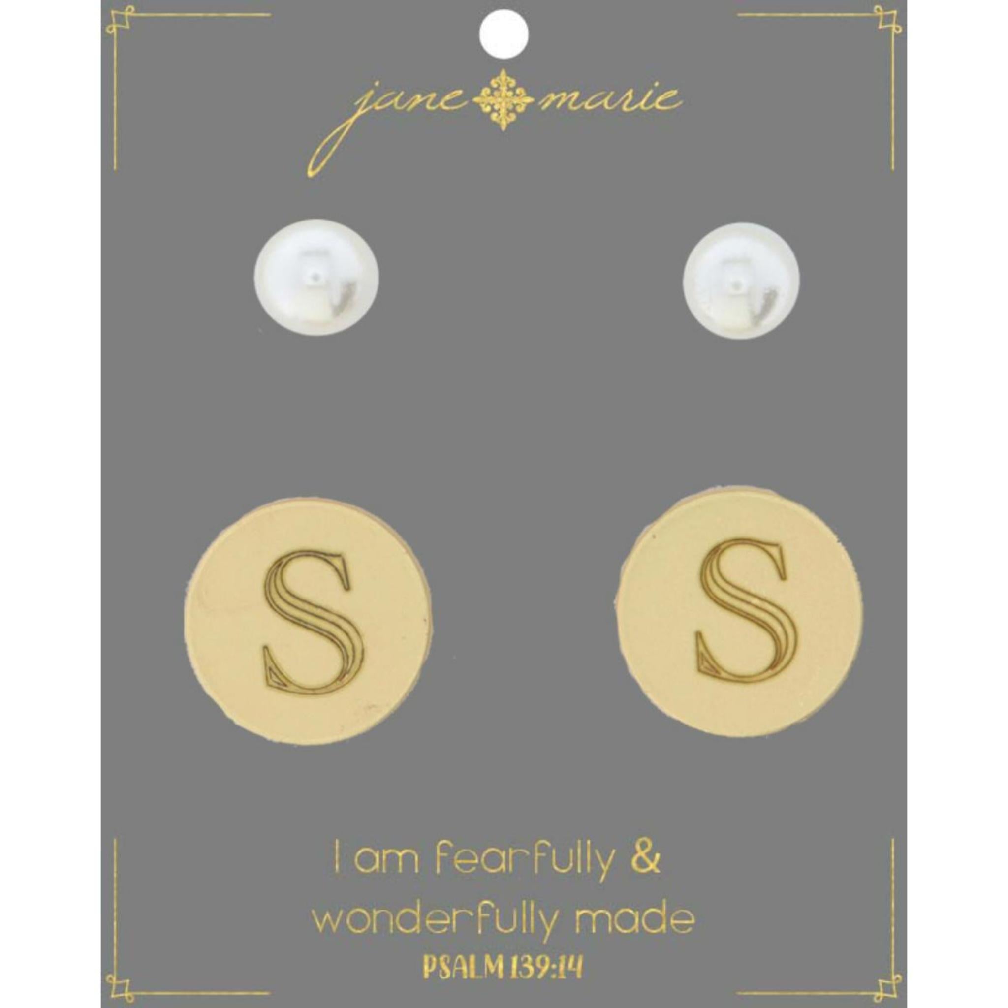 Set of 2, Pearl with Engraved "S" on Gold Disk Stud Earring