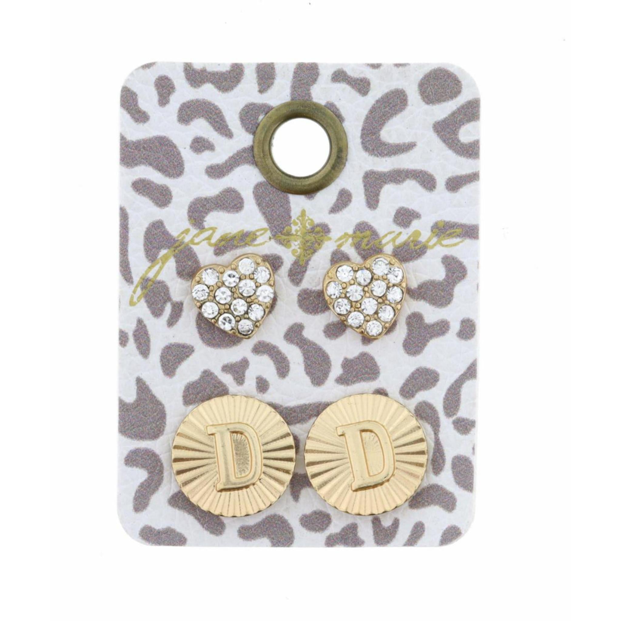 Set of 2, Crystal Heart and Gold Textured Disc with Initial "D" Earrings