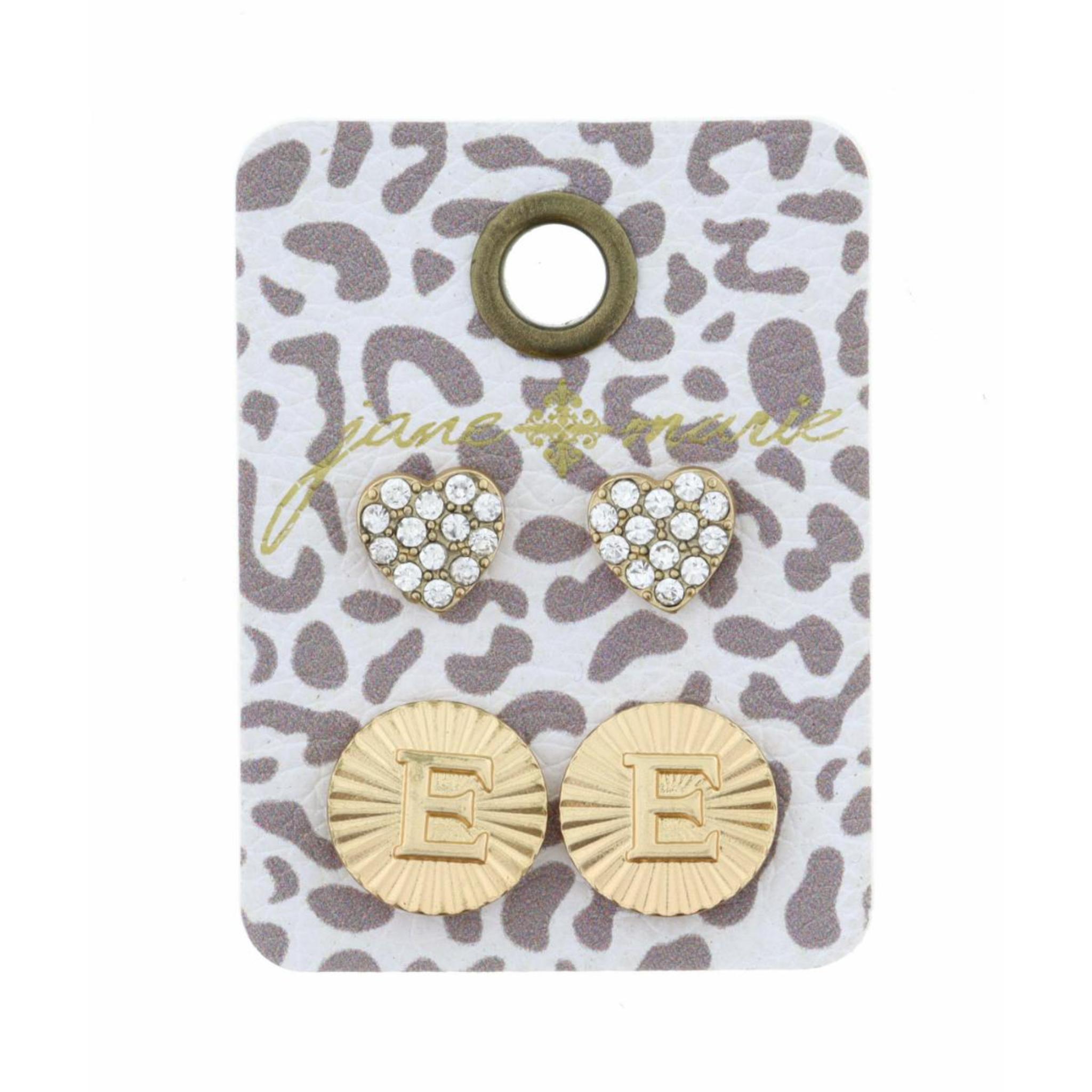 Set of 2, Crystal Heart and Gold Textured Disc with Initial "E" Earrings
