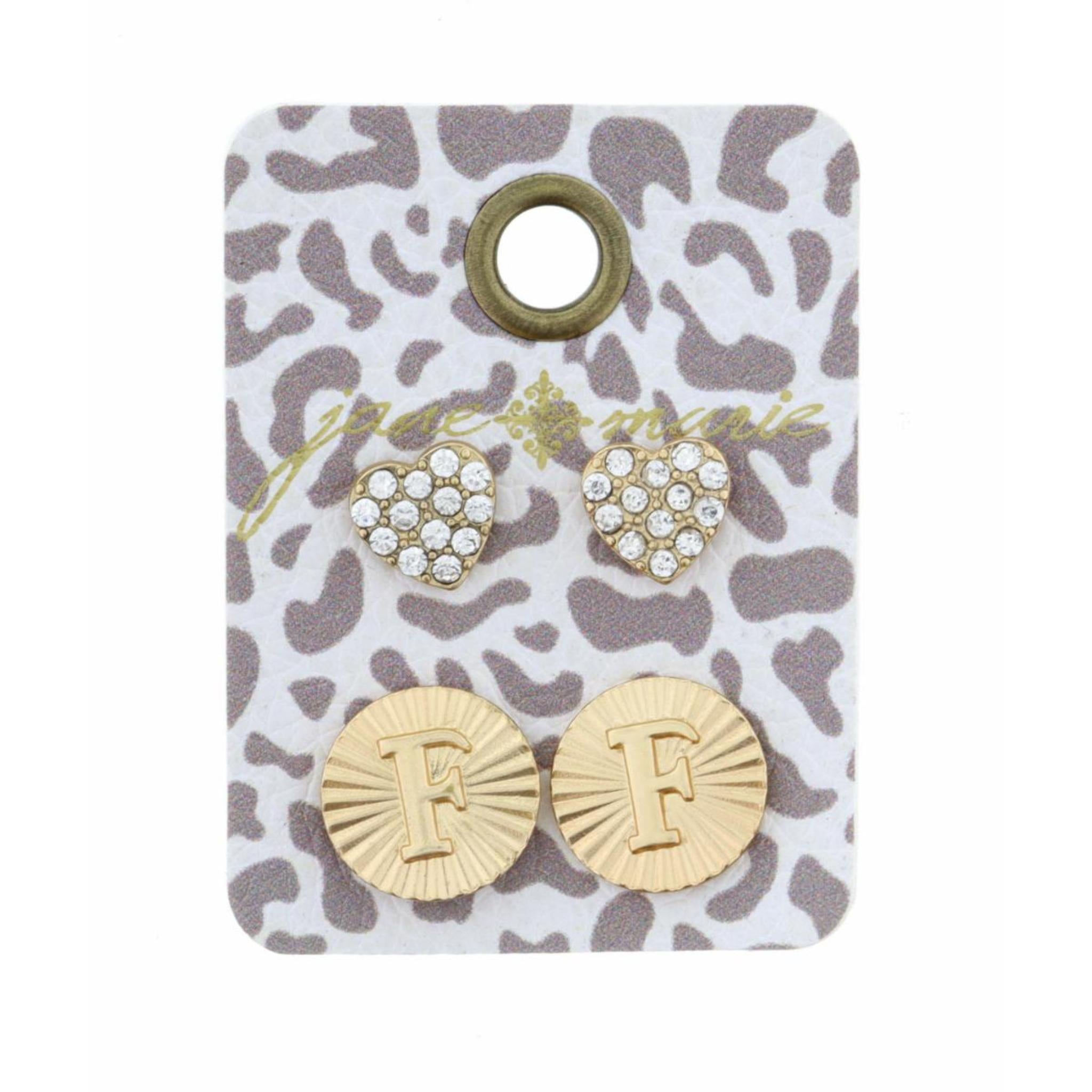 Set of 2, Crystal Heart and Gold Textured Disc with Initial "F" Earrings