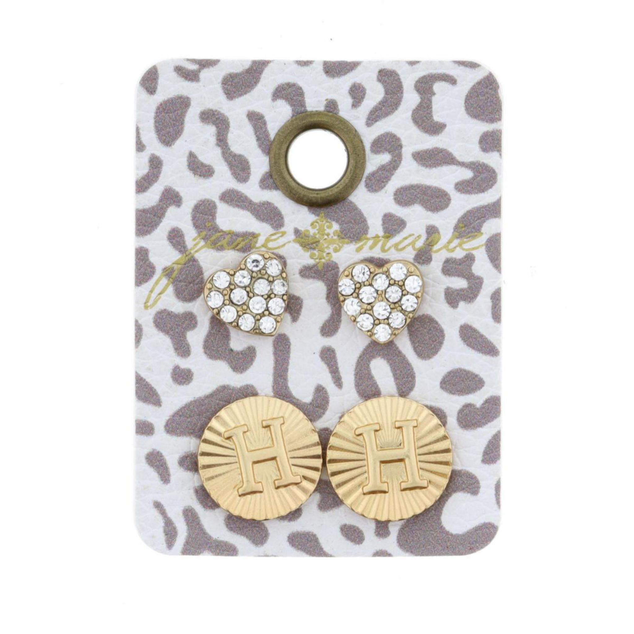 Set of 2, Crystal Heart and Gold Textured Disc with Initial "H" Earrings