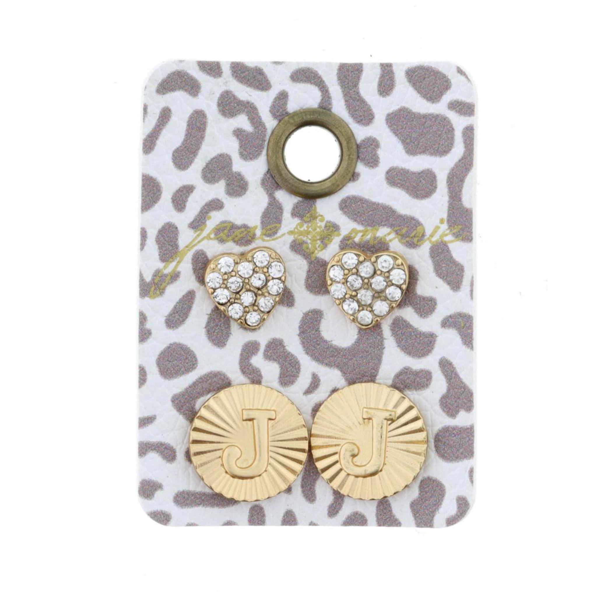 Set of 2, Crystal Heart and Gold Textured Disc with Initial "J" Earrings