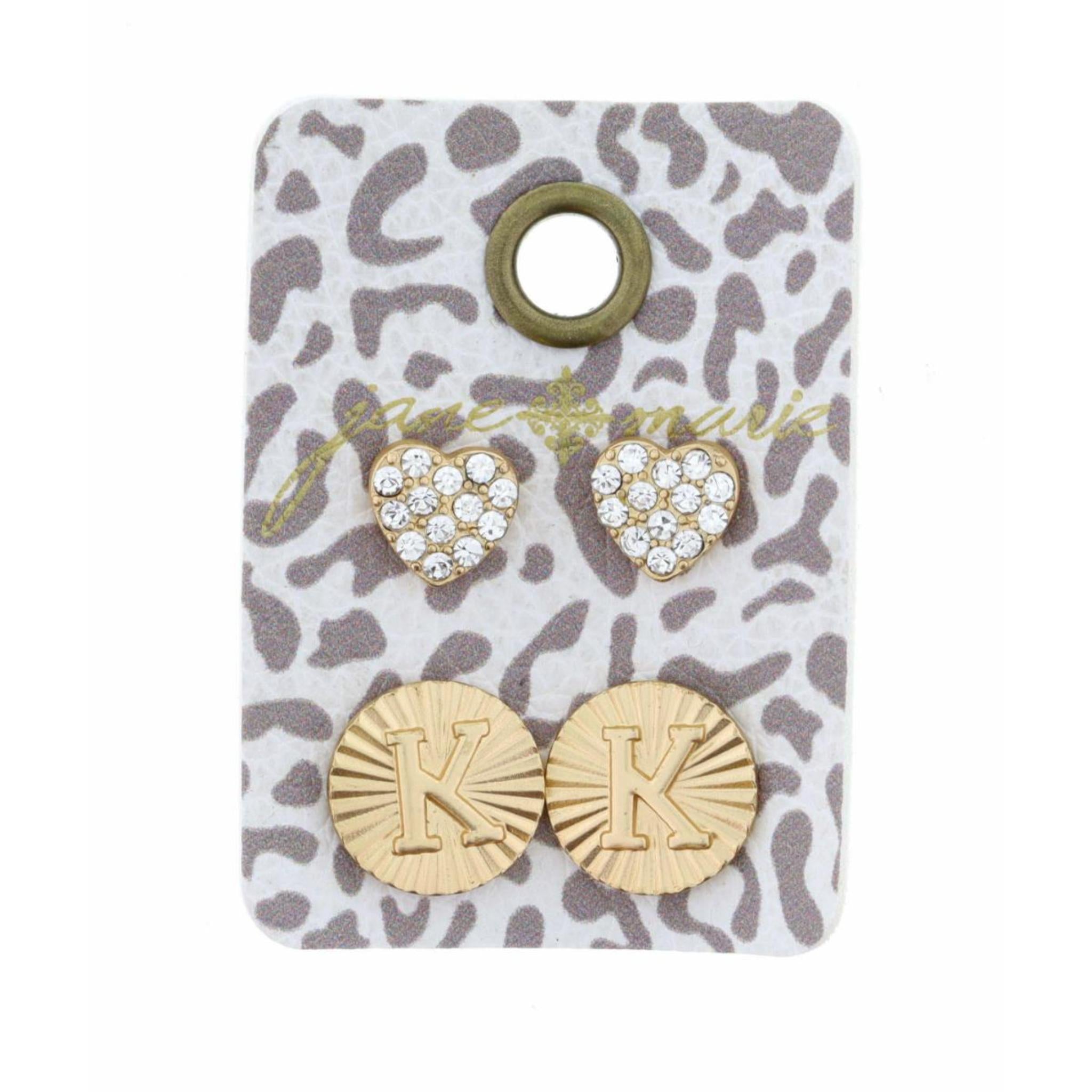 Set of 2, Crystal Heart and Gold Textured Disc with Initial "K" Earrings