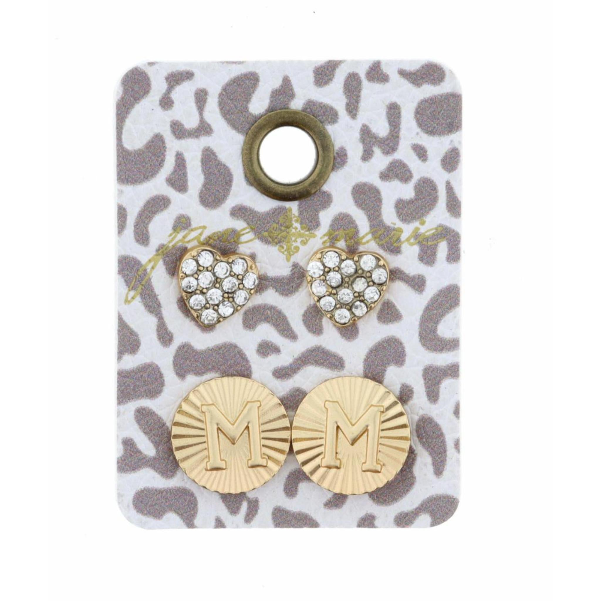 Set of 2, Crystal Heart and Gold Textured Disc with Initial "M" Earrings