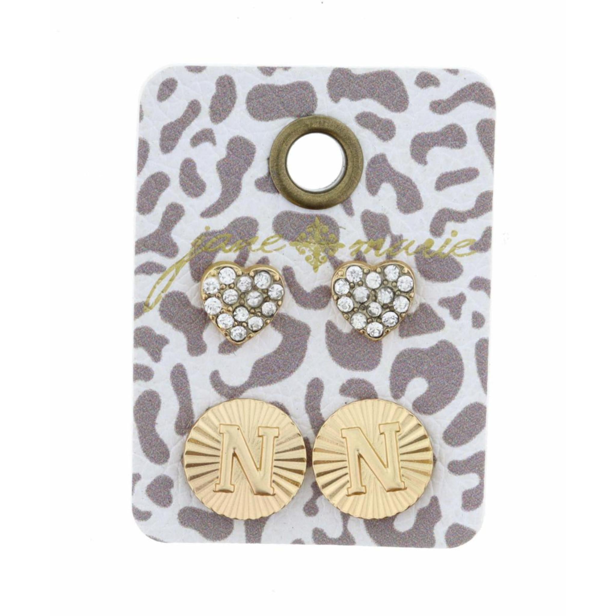 Set of 2, Crystal Heart and Gold Textured Disc with Initial "N" Earrings