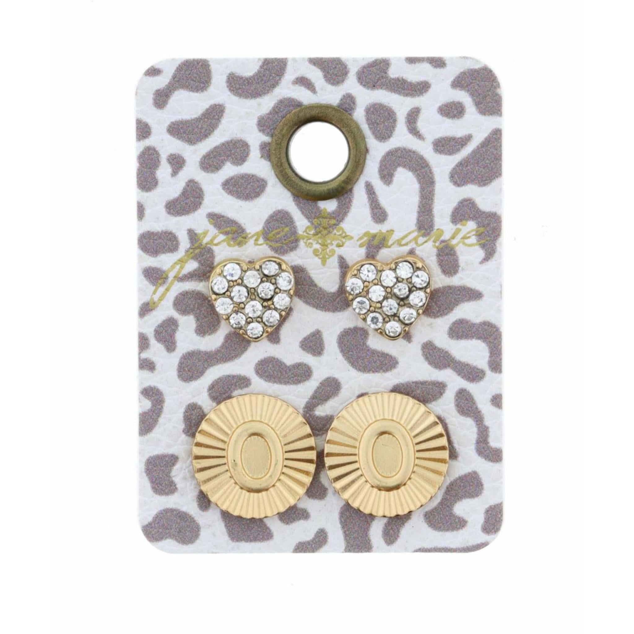 Set of 2, Crystal Heart and Gold Textured Disc with Initial "O" Earrings