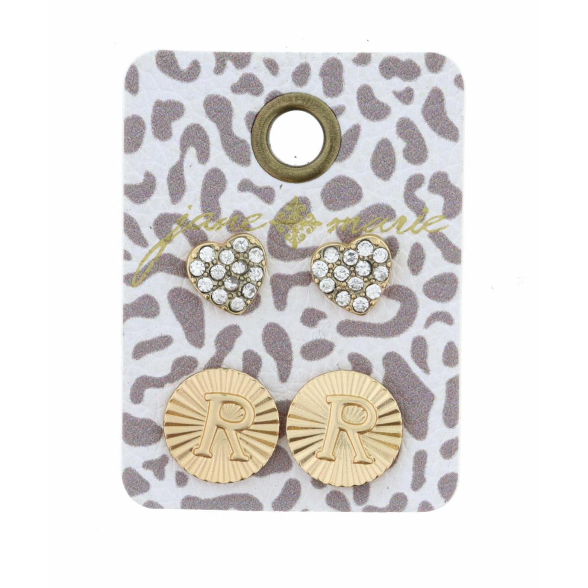 Set of 2, Crystal Heart and Gold Textured Disc with Initial "R" Earrings