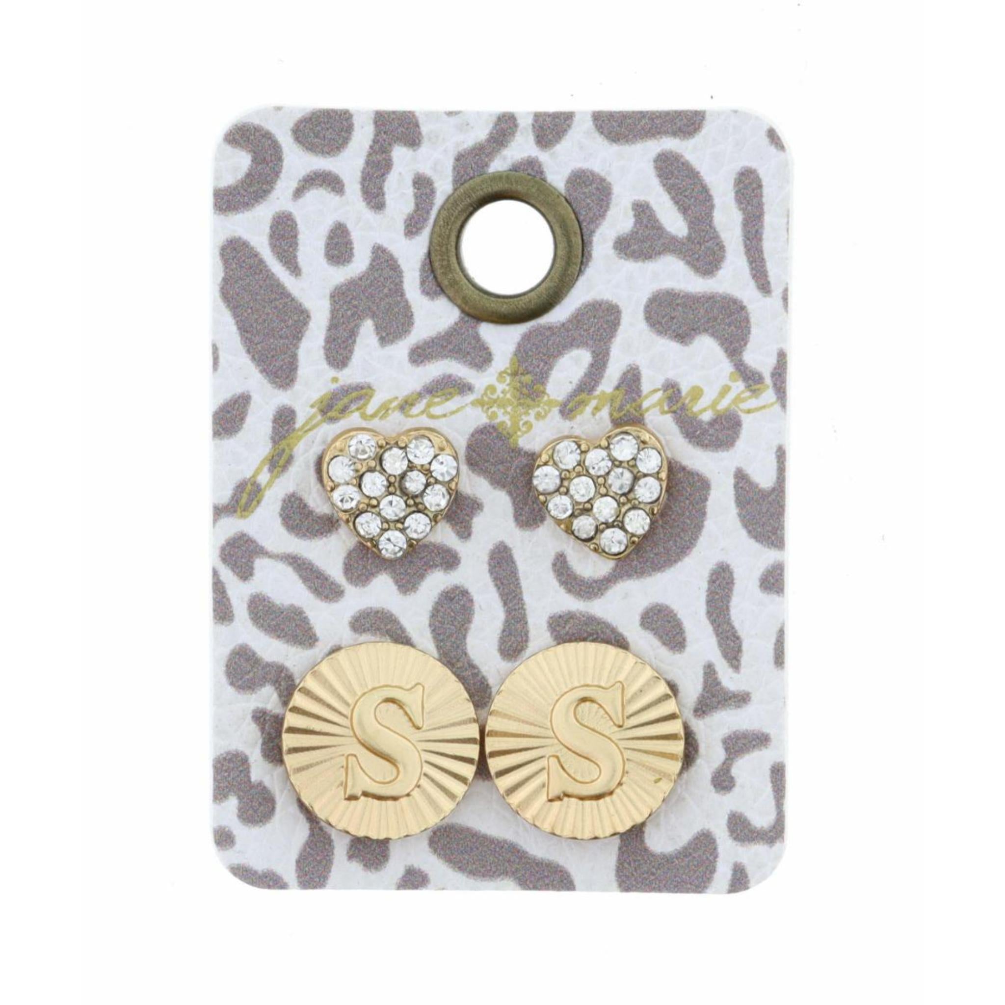 Set of 2, Crystal Heart and Gold Textured Disc with Initial "S" Earrings