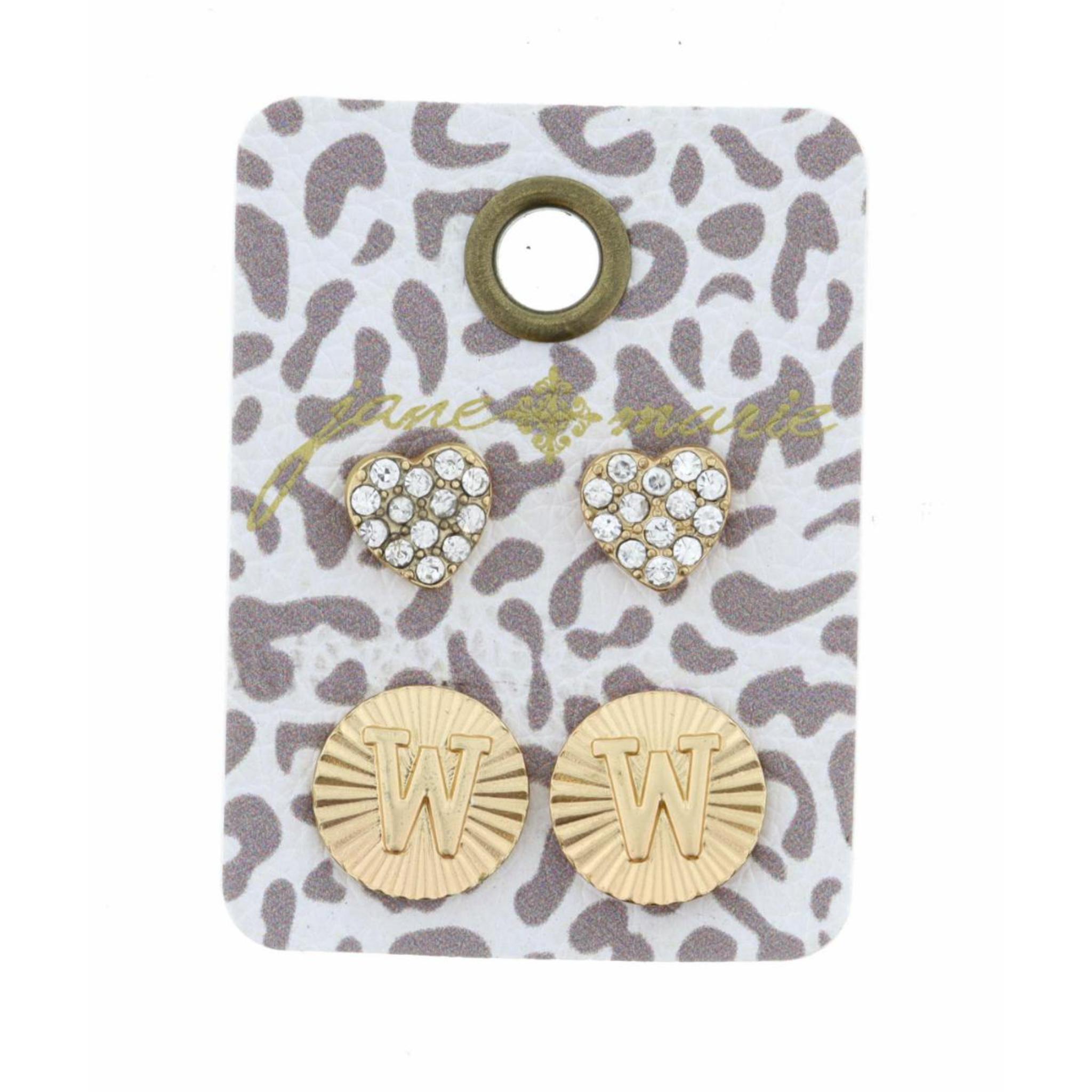 Set of 2, Crystal Heart and Gold Textured Disc with Initial "W" Earrings