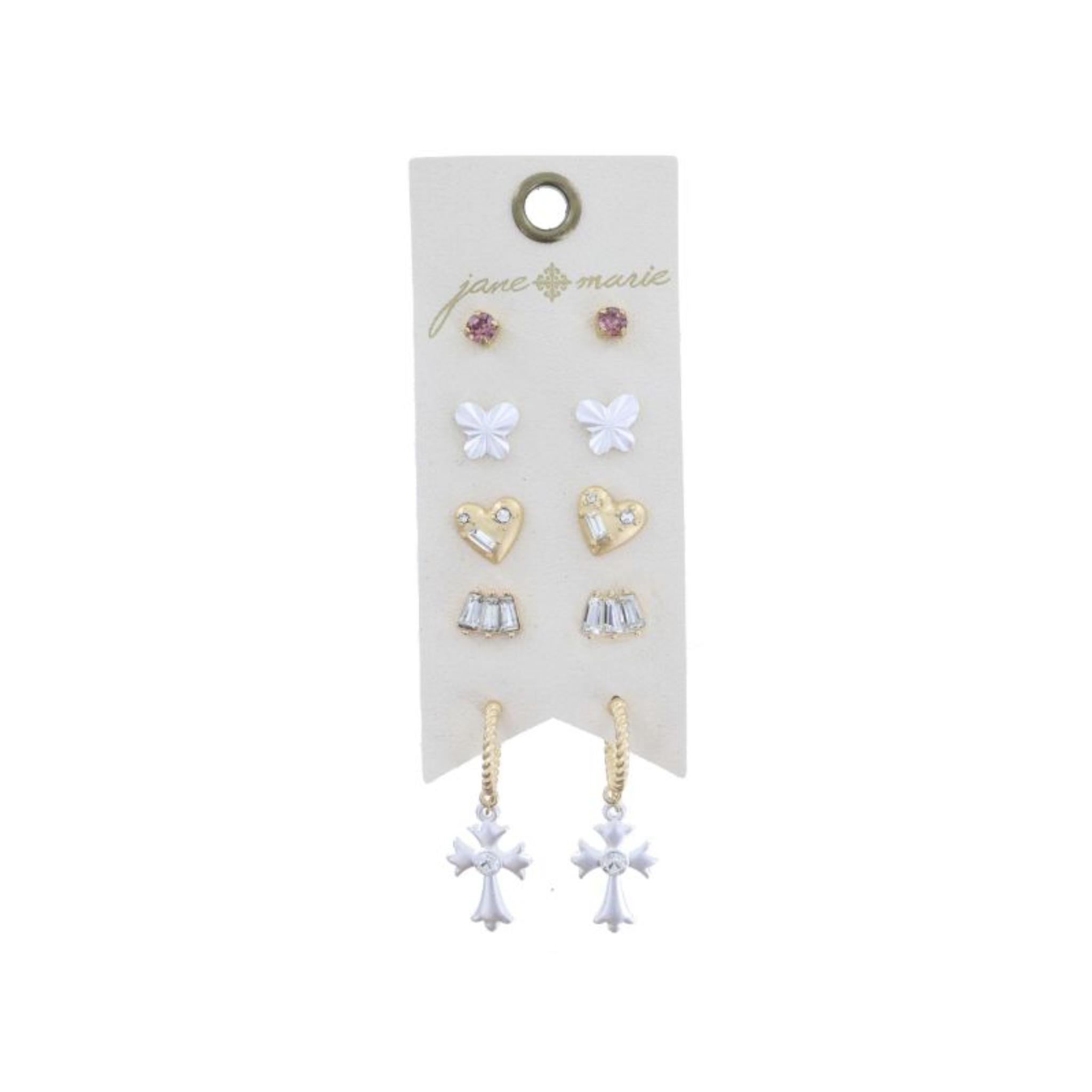 Pink Crystal, Silver Butterfly, Heart, Crystal Cluster, Hoop with Silver Cross Earrings