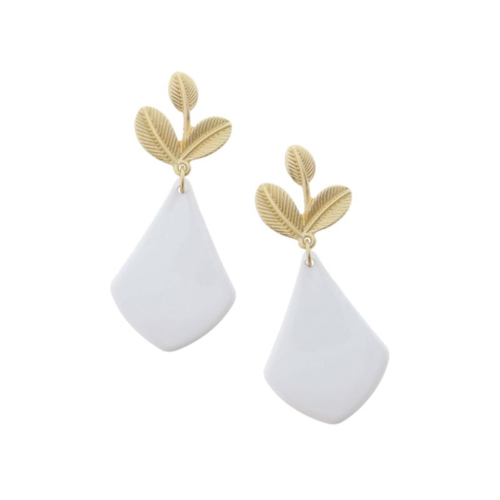 Gold Leaves Post with White Kite Shape Dangle Earrings