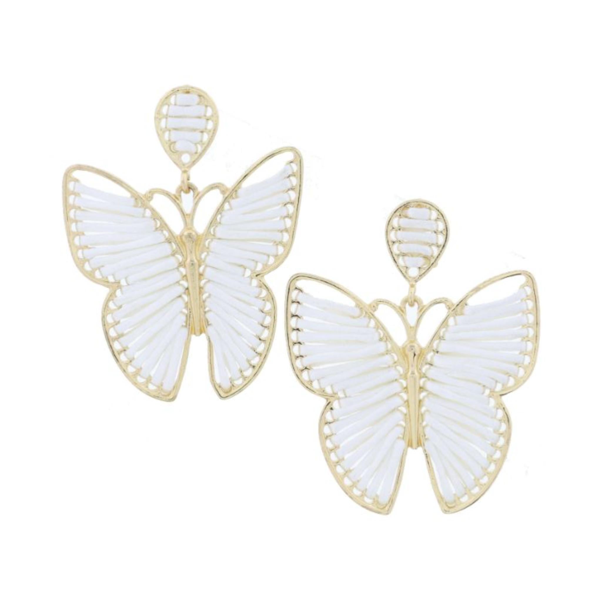 Ivory Silky String Woven Gold Butterfly Earrings