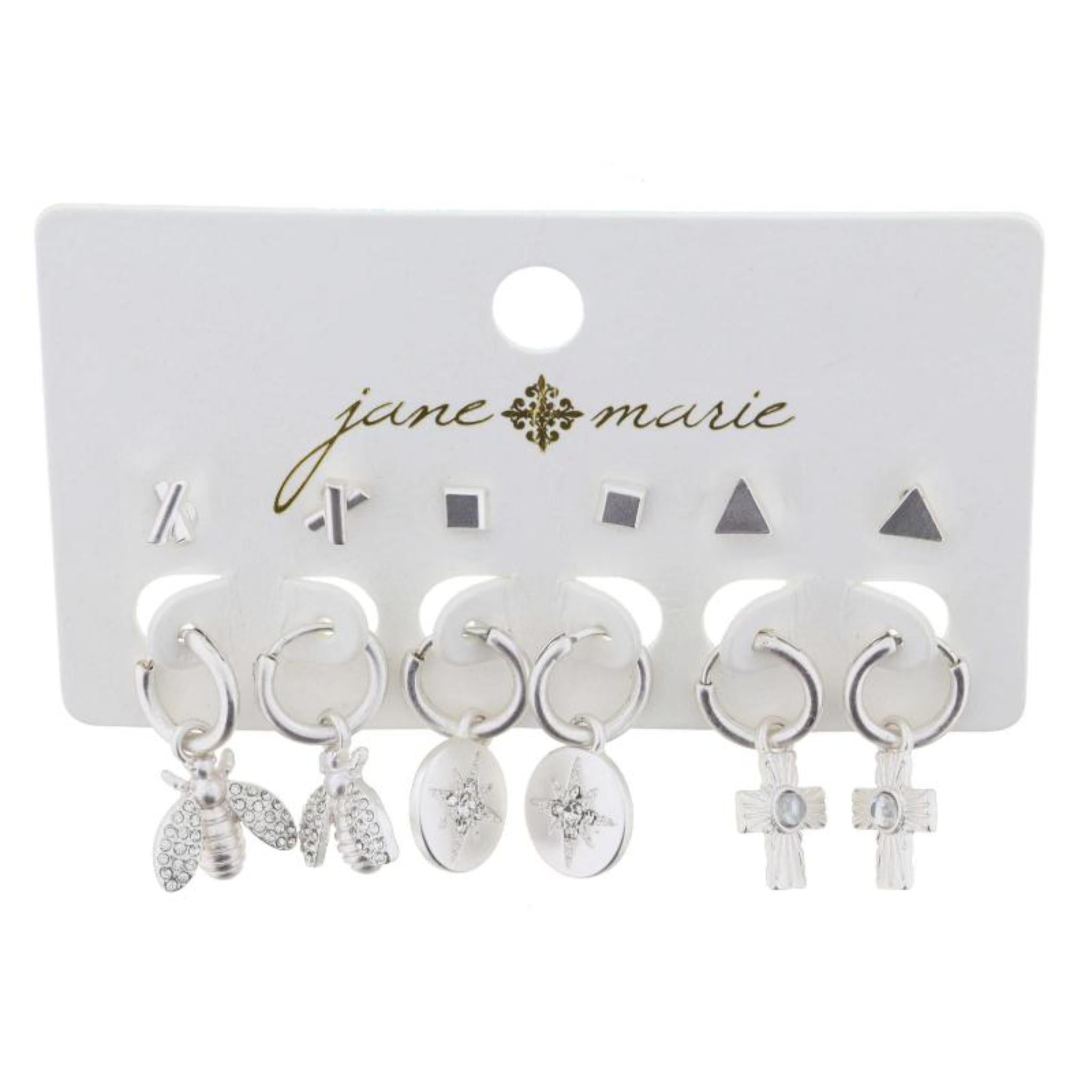 3 Stud and 3 Hoops, Silver Bee Earrings, .25", .15", .15", .85", .85", .85" Top to Bottom