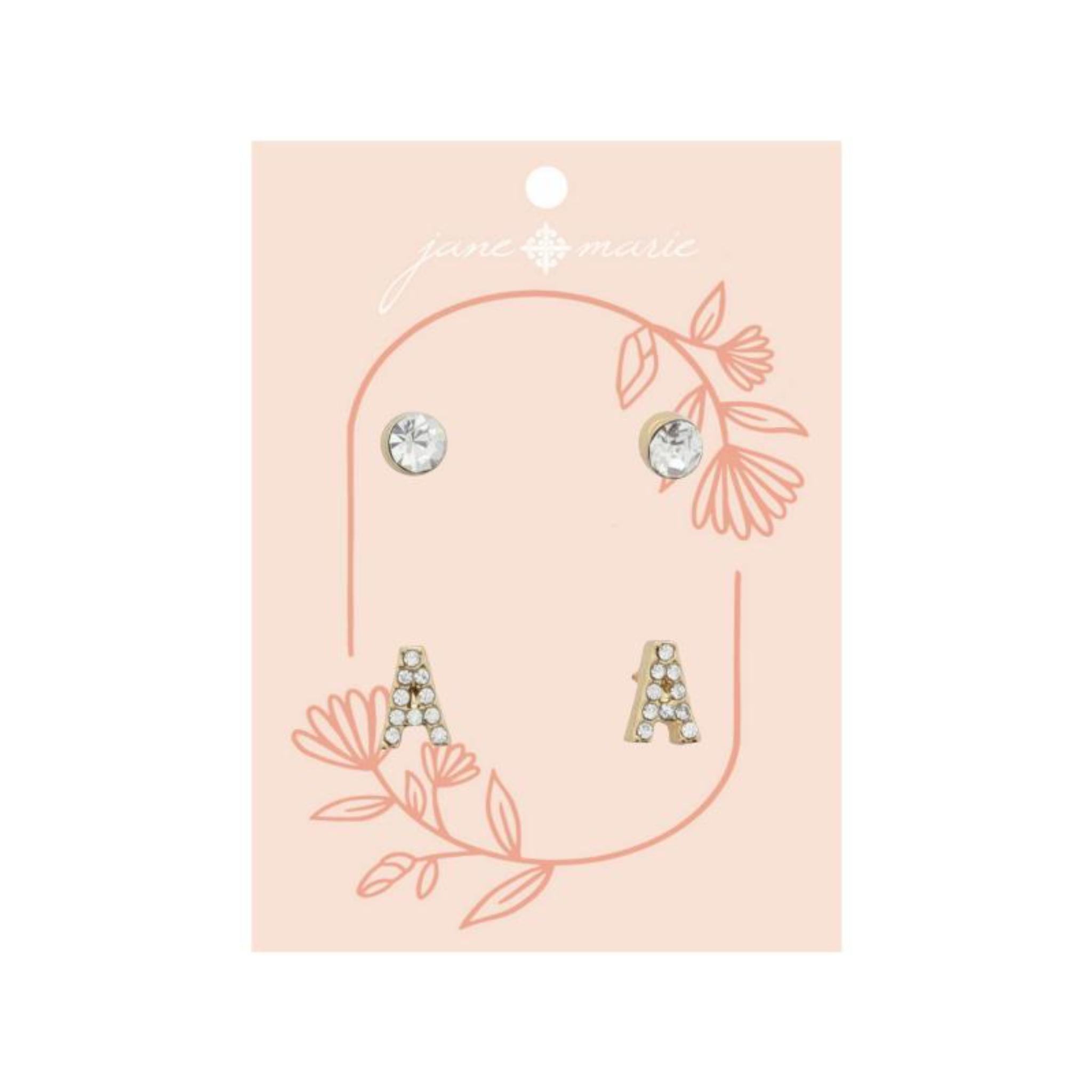 2 Stud Set, Clear Crystal, Mini Clear Crystal "A" Inital Earrings