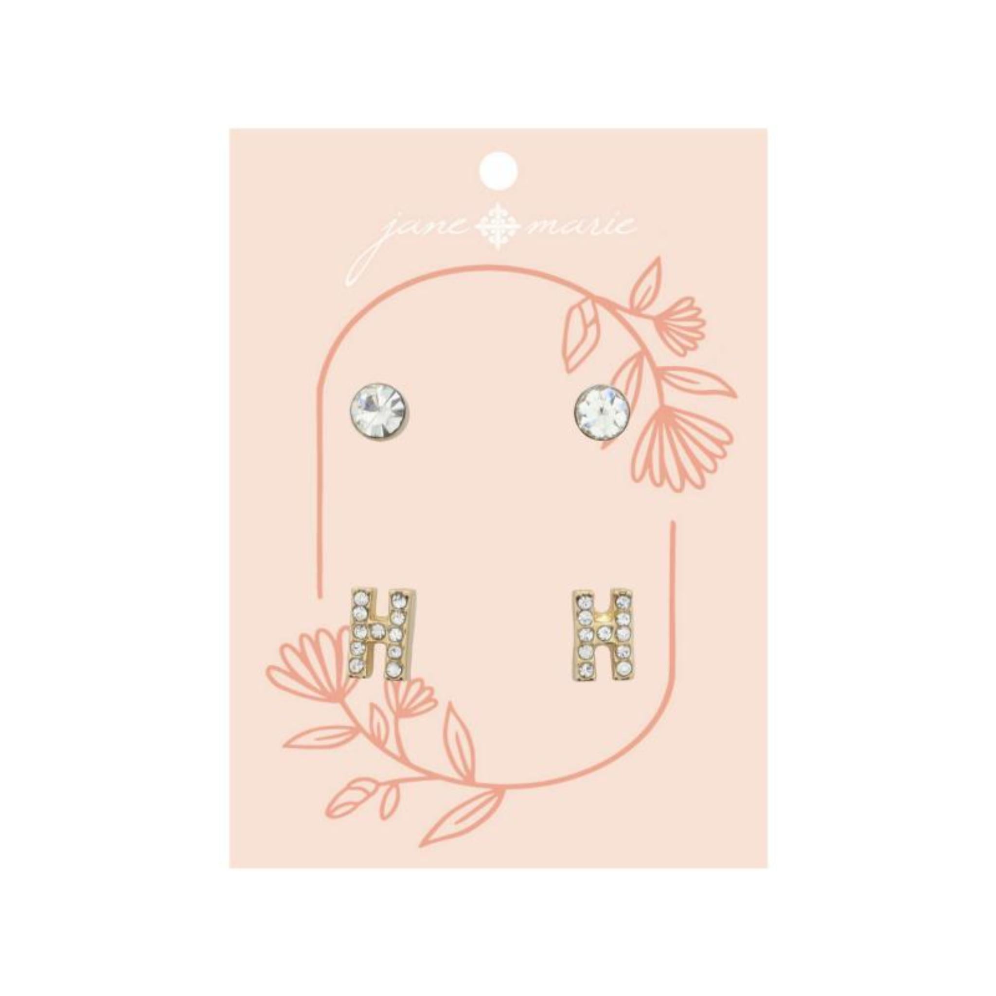 2 Stud Set, Clear Crystal, Mini Clear Crystal "H" Inital Earrings