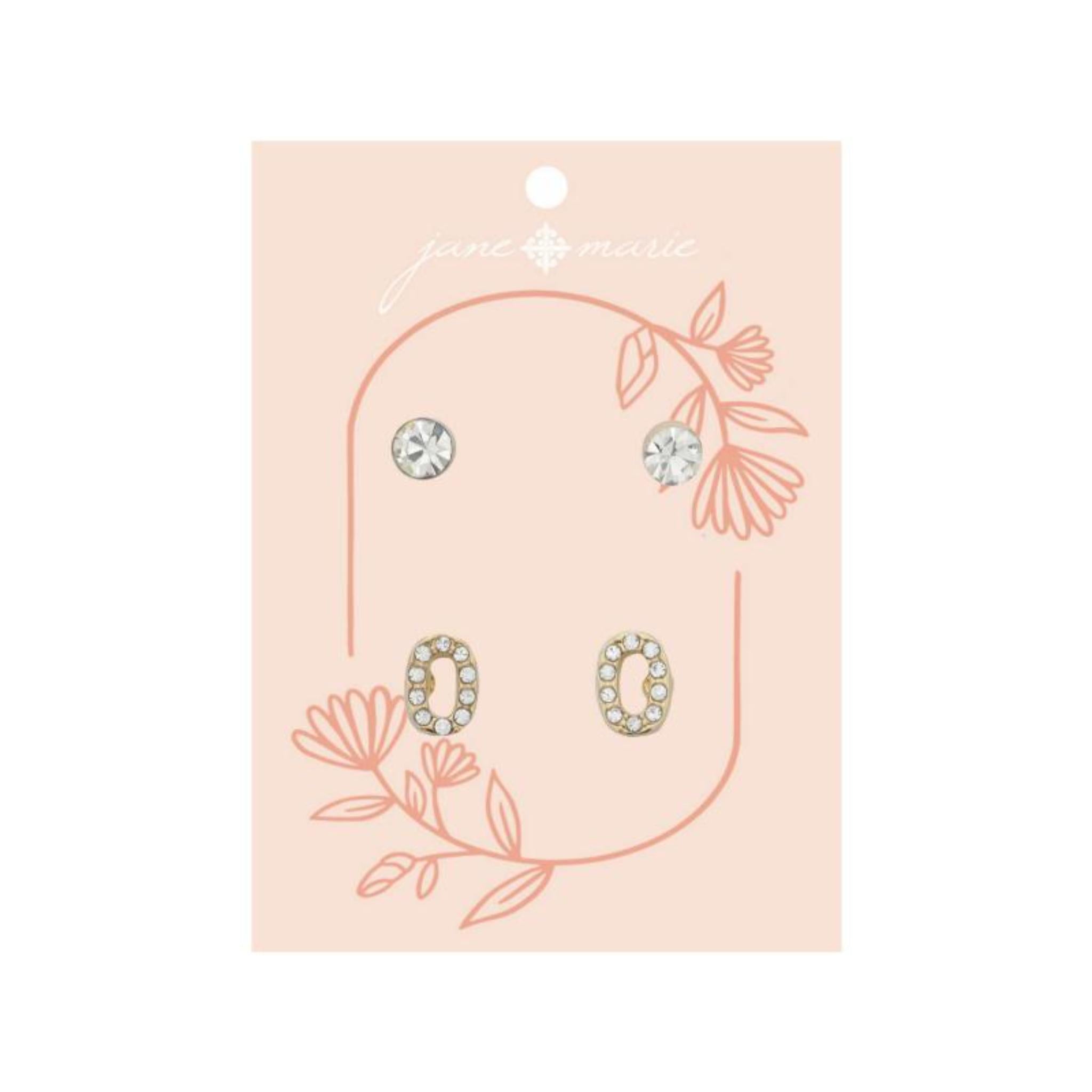 2 Stud Set, Clear Crystal, Mini Clear Crystal "O" Inital Earrings