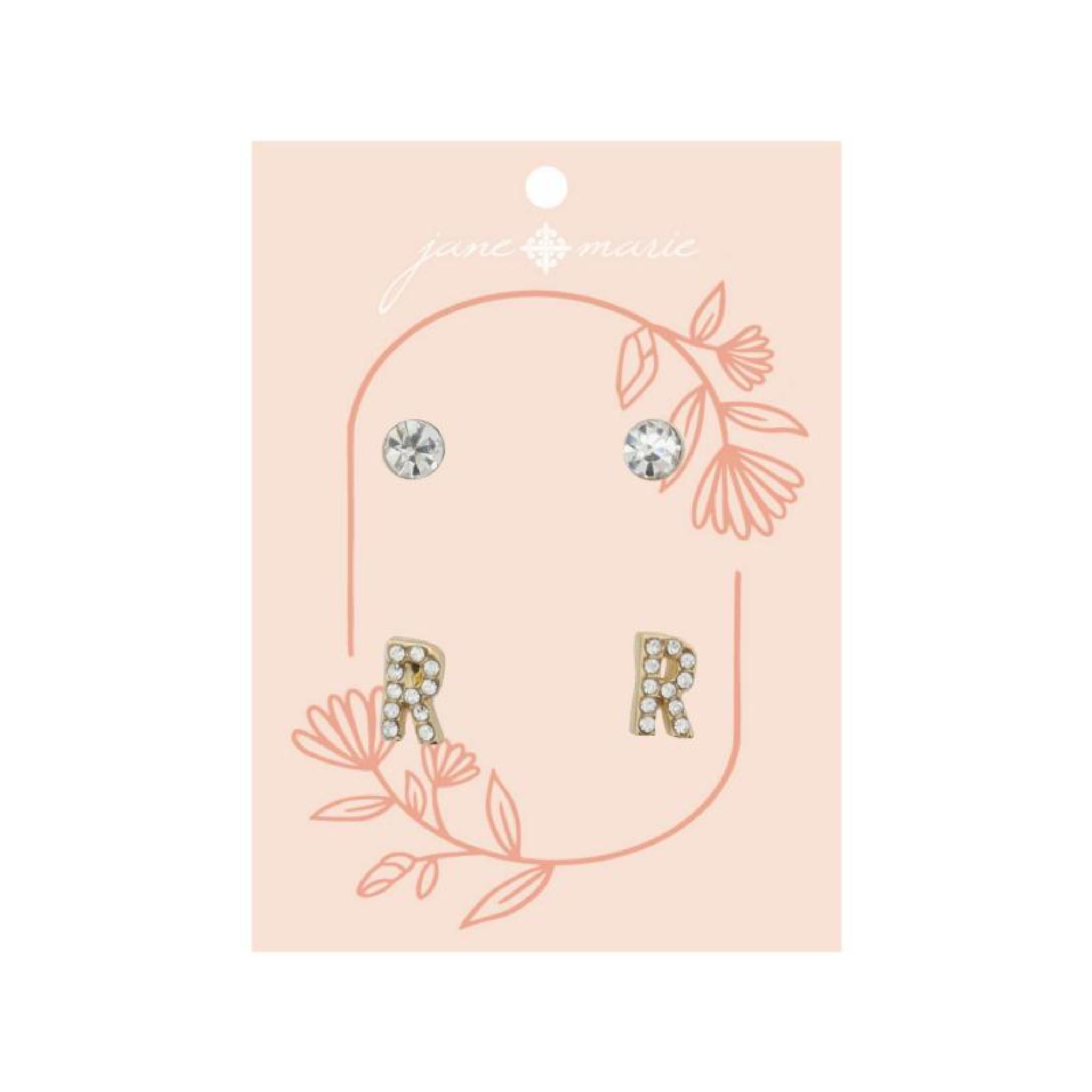 2 Stud Set, Clear Crystal, Mini Clear Crystal "R" Inital Earrings