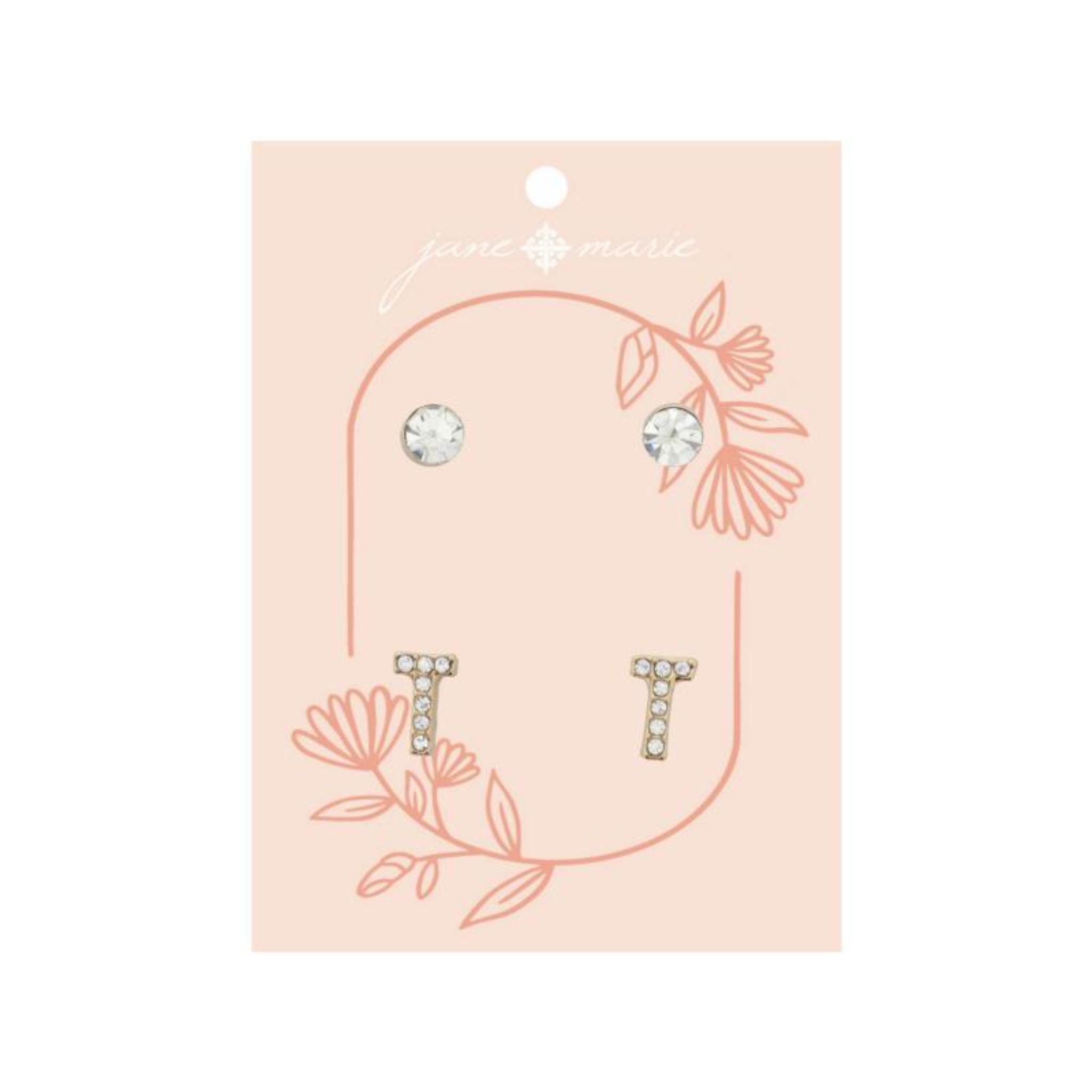 2 Stud Set, Clear Crystal, Mini Clear Crystal "T" Inital Earrings