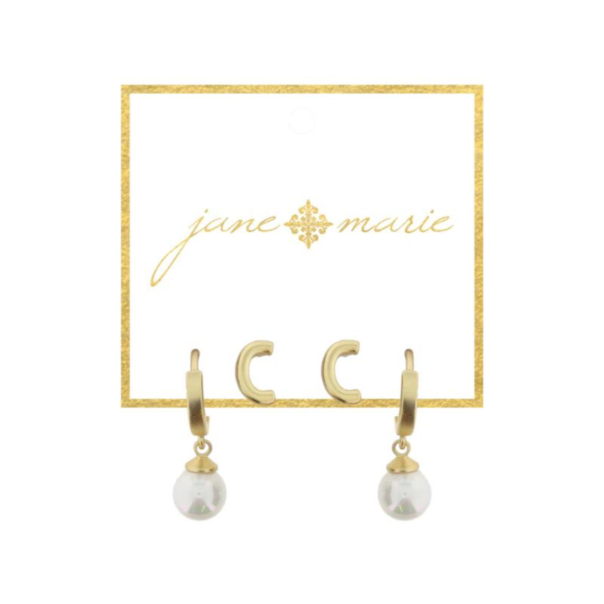 Set of 2, Gold "C" Initial Stud, Gold Huggie with Pearl Dangle Earrings