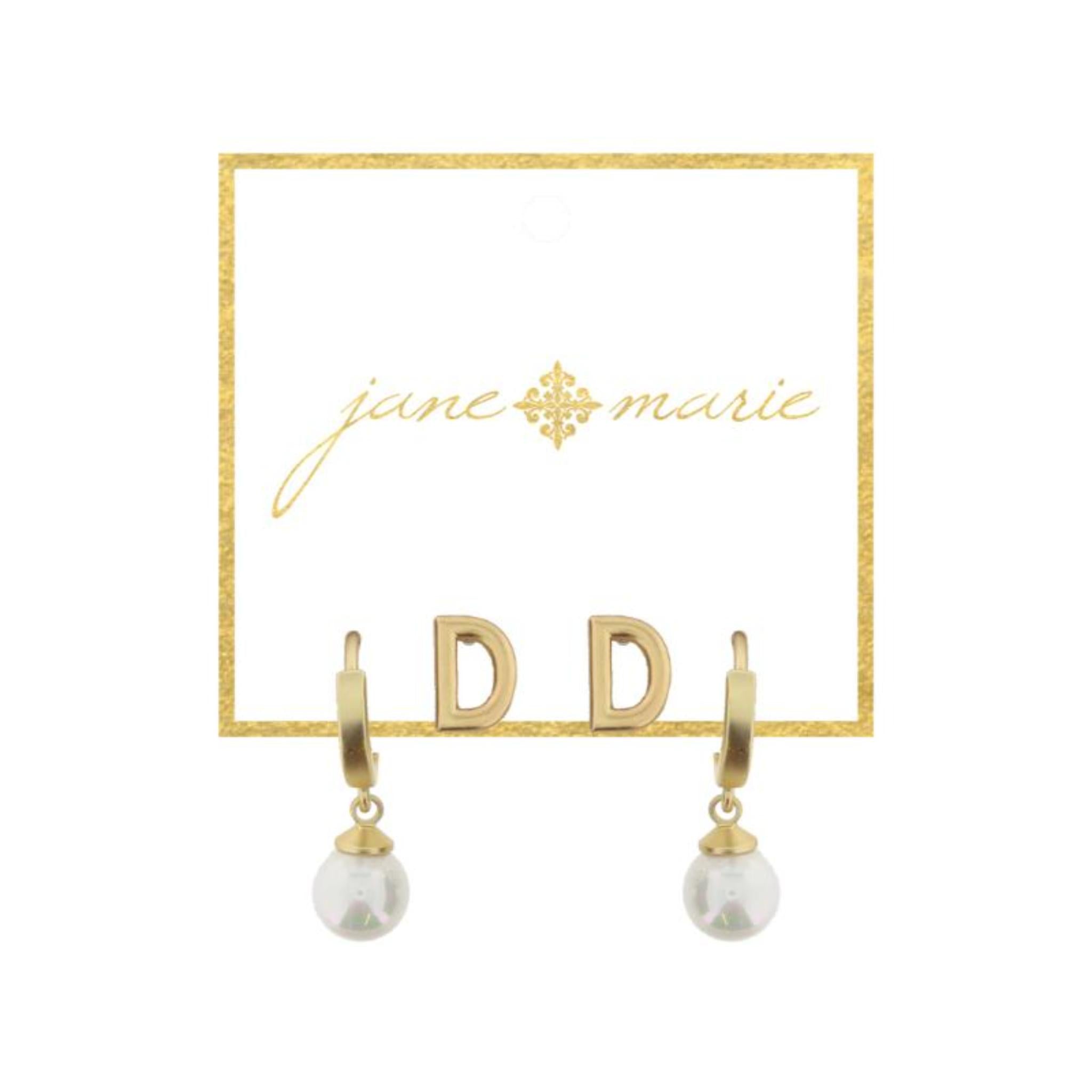 Set of 2, Gold "D" Initial Stud, Gold Huggie with Pearl Dangle Earrings