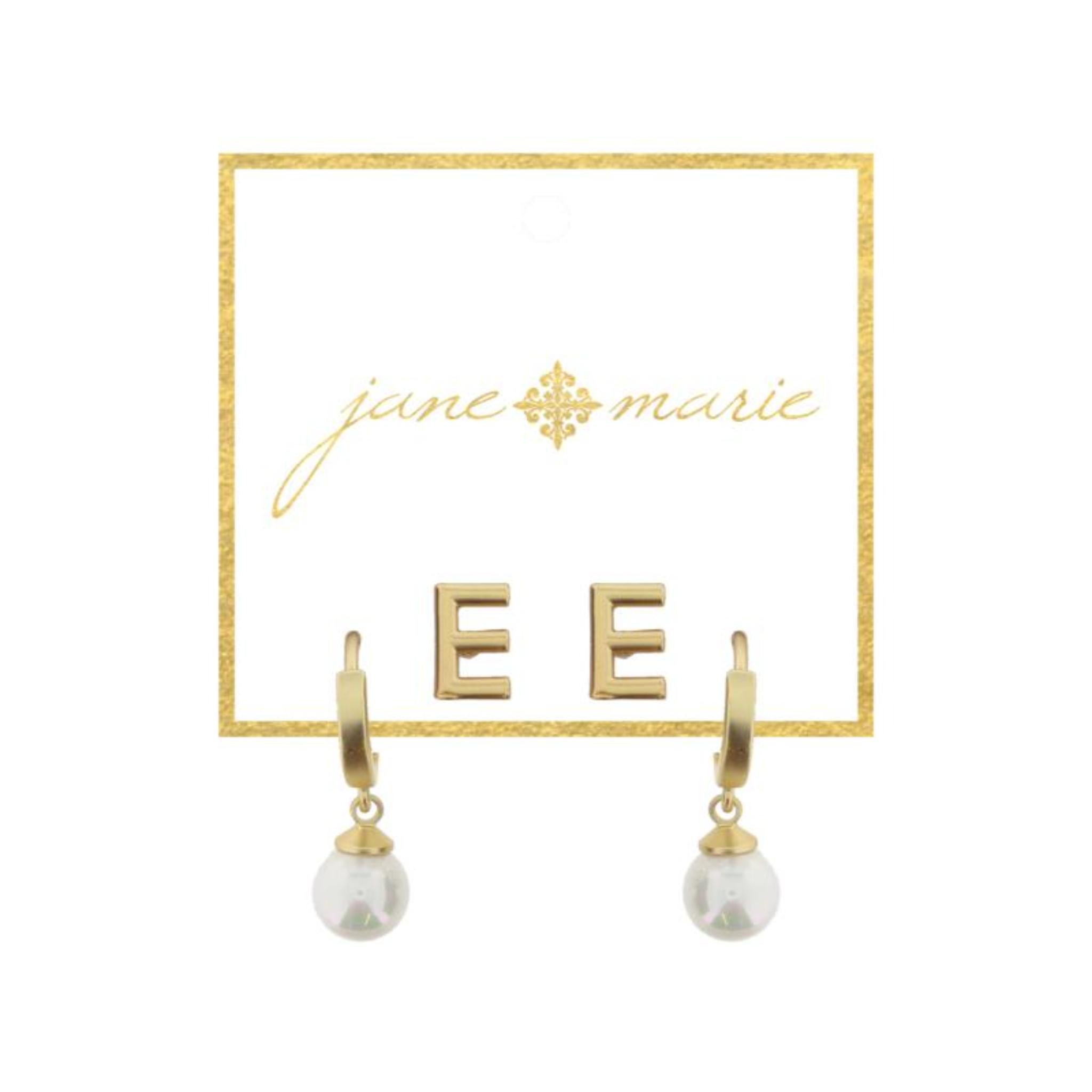 Set of 2, Gold "E" Initial Stud, Gold Huggie with Pearl Dangle Earrings