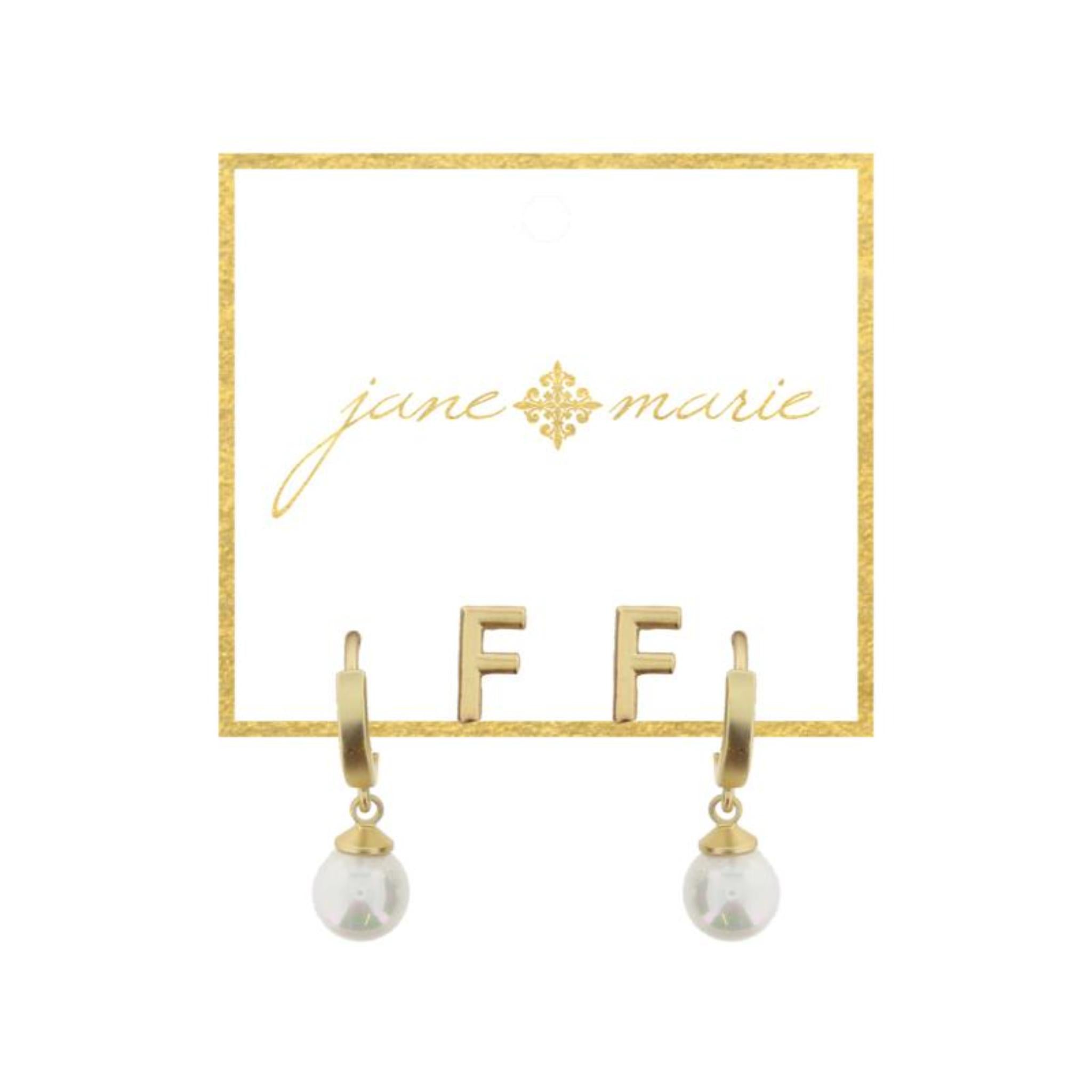 Set of 2, Gold "F" Initial Stud, Gold Huggie with Pearl Dangle Earrings